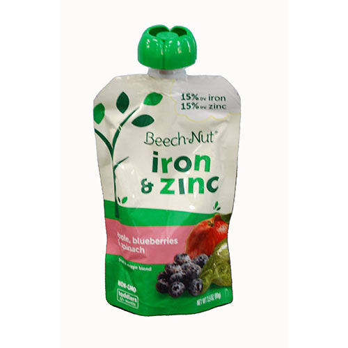 BEECH-NUT IRON&ZINC POUCH 3.5OZ-APPLE, BLUEBERRIES, SPINACH EXP 7/1/24 NI