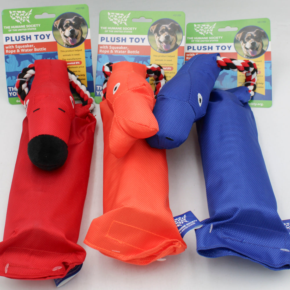 HUMANE SOCIETY PLUSH DOG TOY W/SQUEAKER, ROPE & BOTTLE