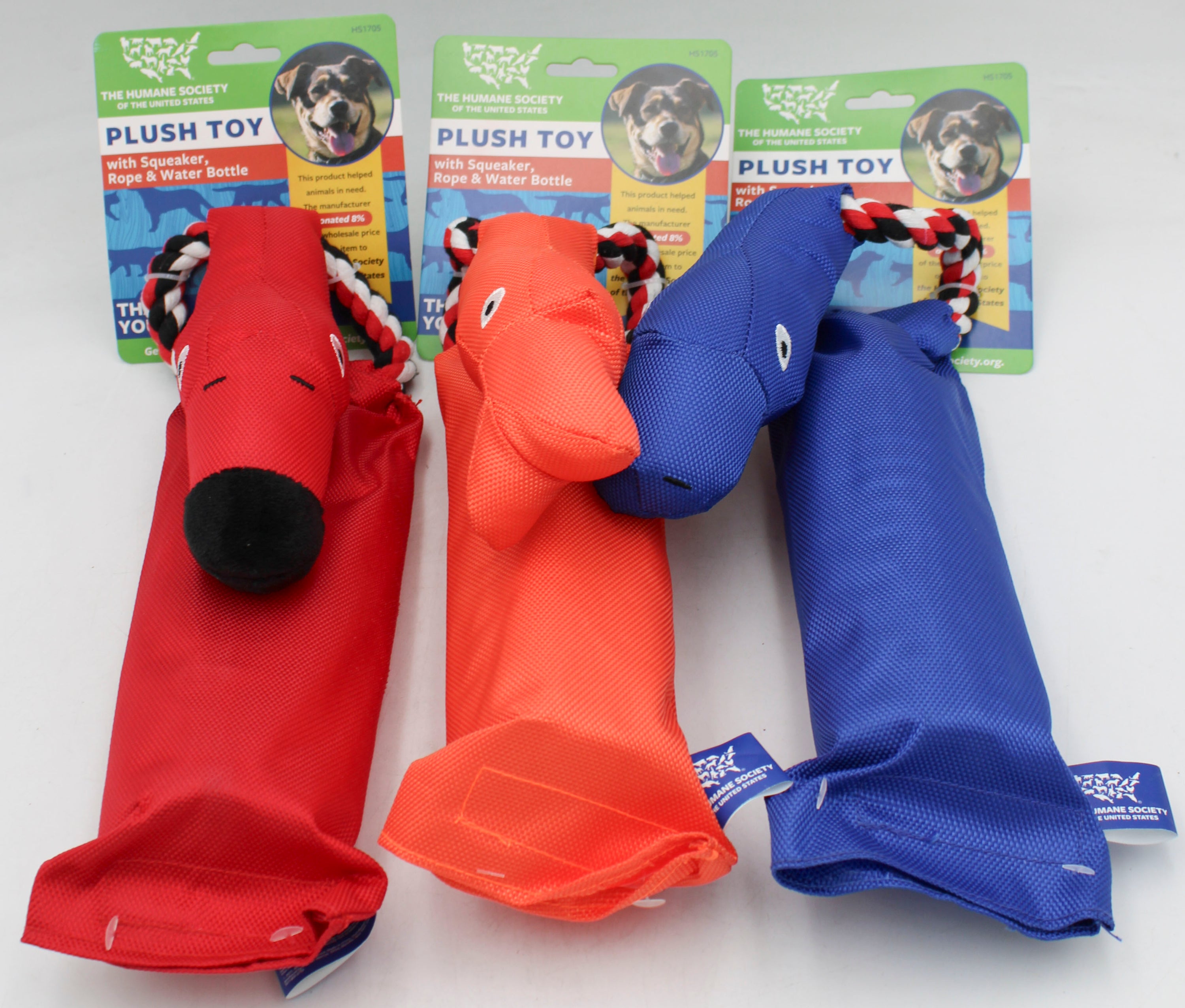 HUMANE SOCIETY PLUSH DOG TOY W/SQUEAKER, ROPE & BOTTLE