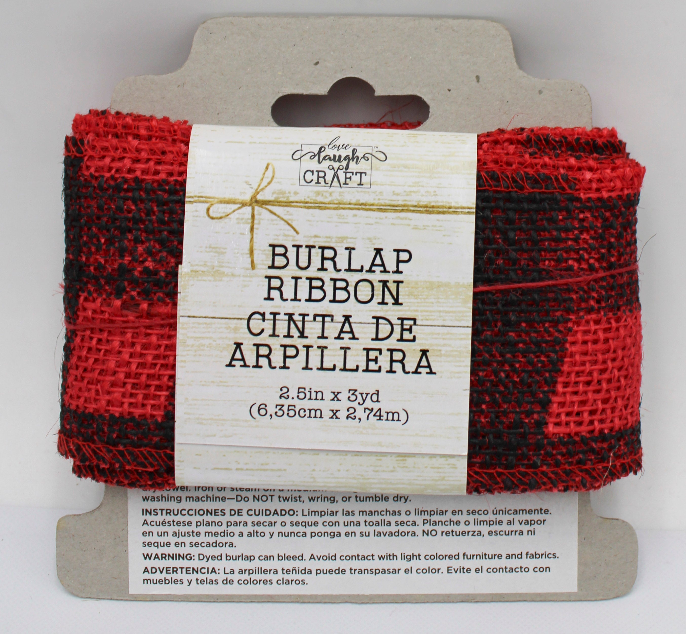 2.5 IN   X 3 YD   RED BURLAP RIBBON - FRAYED EDGES - BLACK SCREENPRINT BUFFALO CHECK