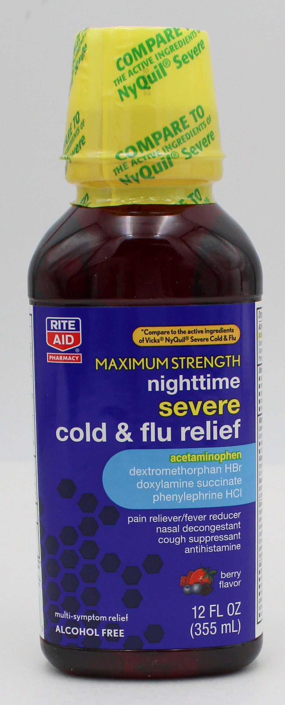 RITE AID NIGHTTIME SEVERE COLD & FLU RELIEF MAXIMUM STRENGTH BERRY 12oz EXP 12/31/2026 COMPARES TO NyQuil