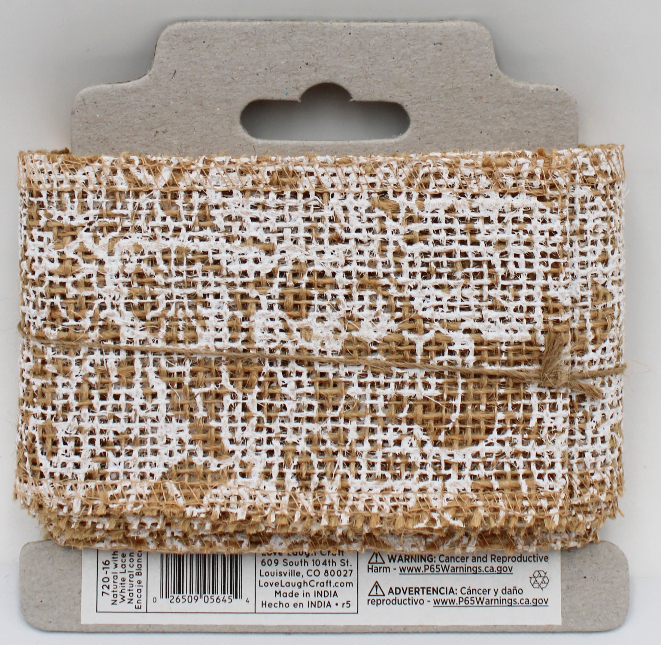 2.5 IN   X 3 YD   NATURAL BURLAP RIBBON - FINISHED EDGES - WHITE SCREENPRINT LACE