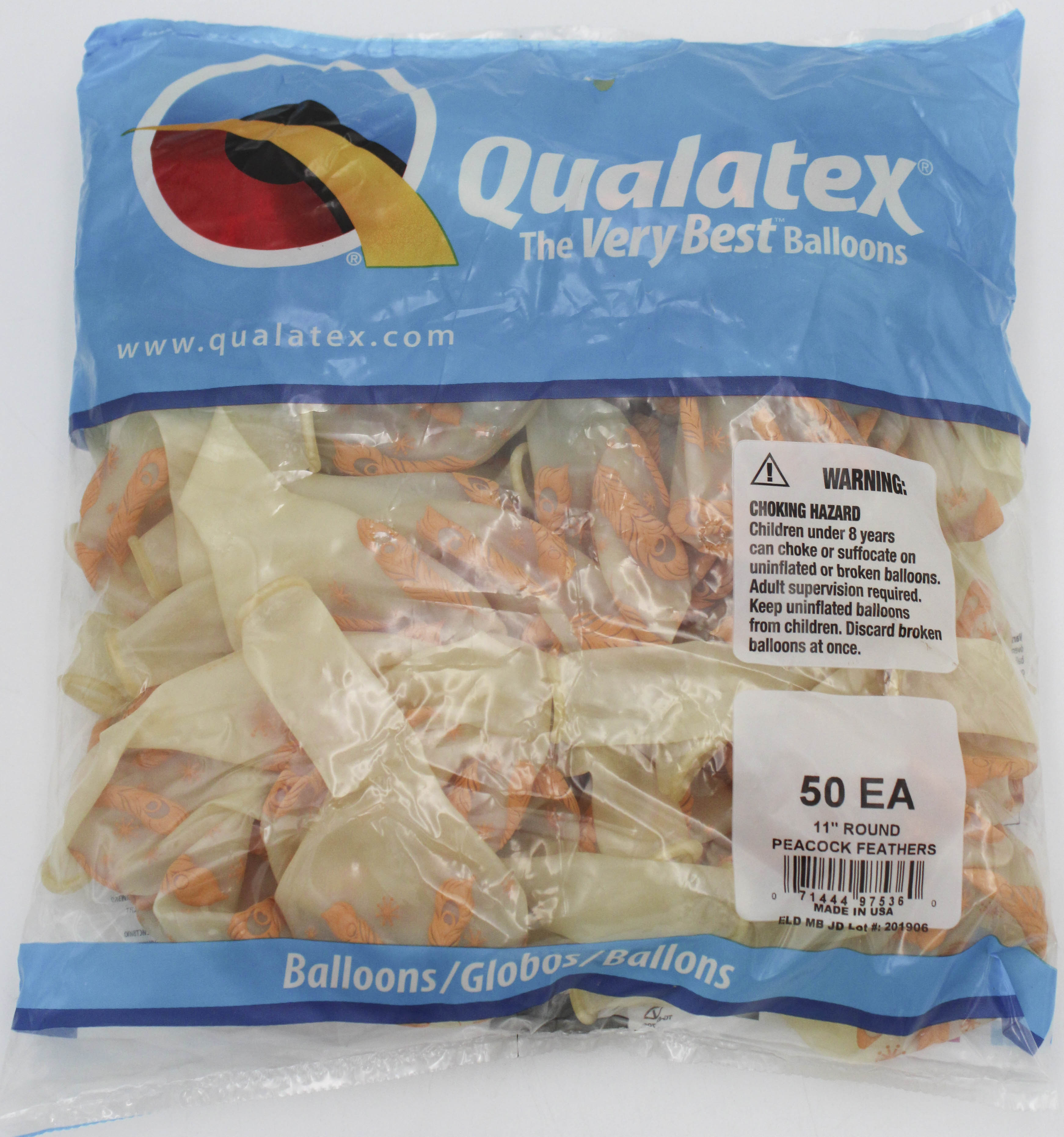 QX 11" Round Latex Balloons Clear Peacock Feathers 50-Pack