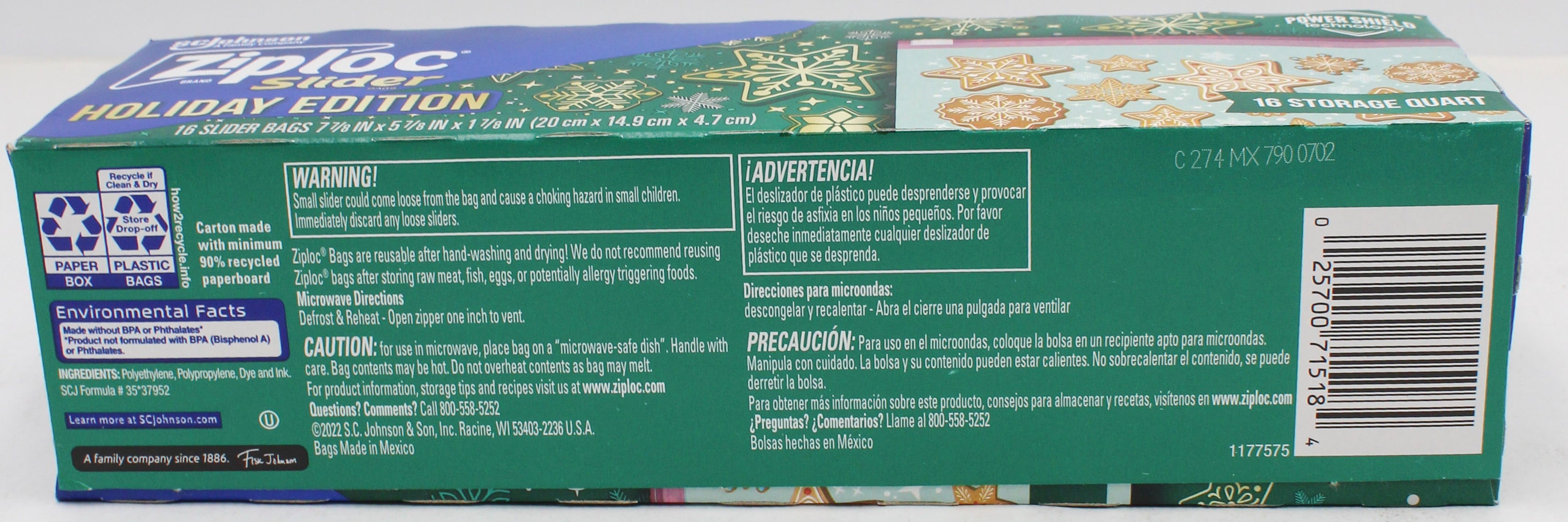 ZIPLOC HOLIDAY SLIDER STORAGE QUART 16ct