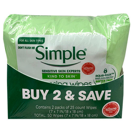 Simple Cleansing Wipes 7x7" 2 x 25ct Packs