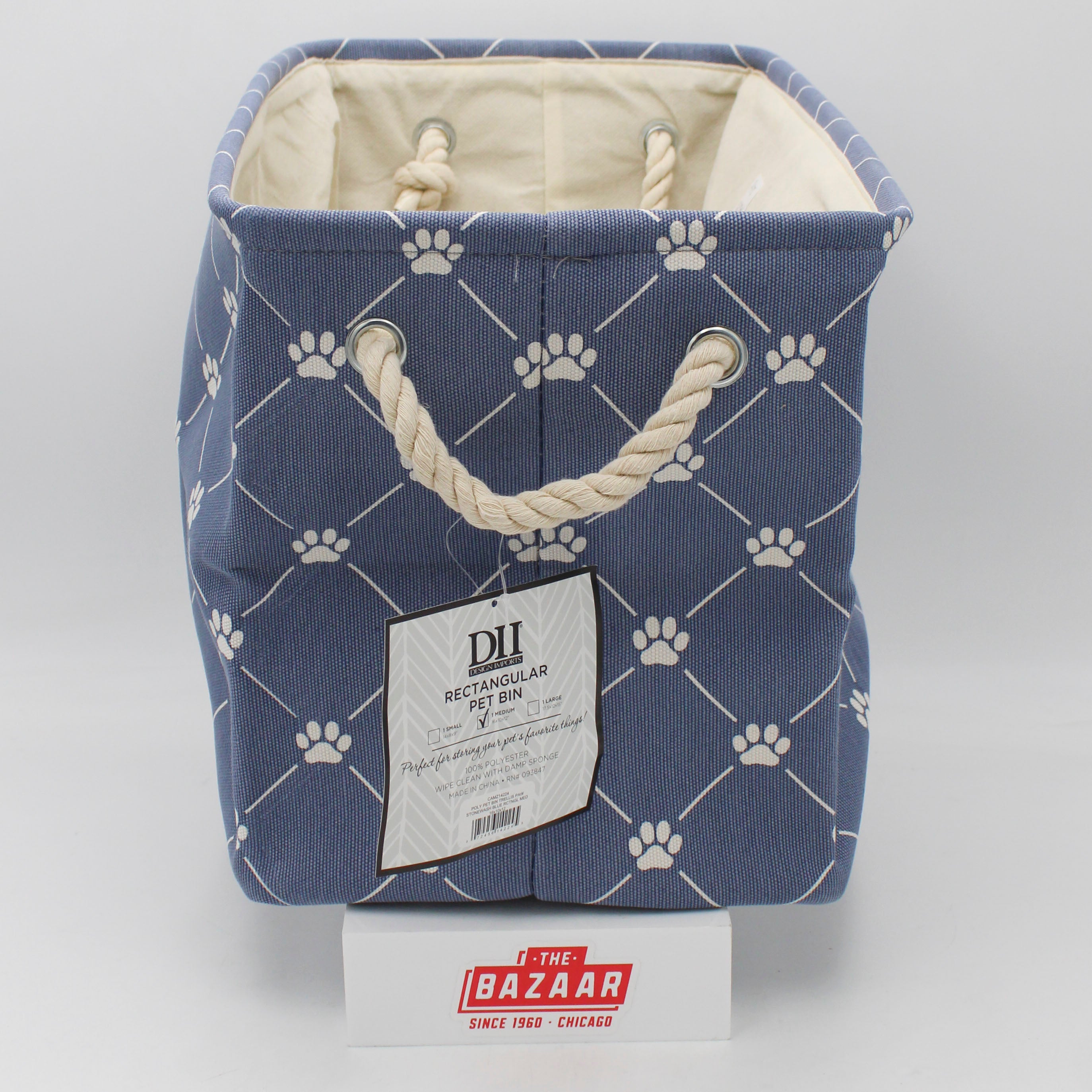POLYESTER PET BIN TRELLIS PAW STONEWASH BLUE RECTANGLE MEDIUM 16x10x12
