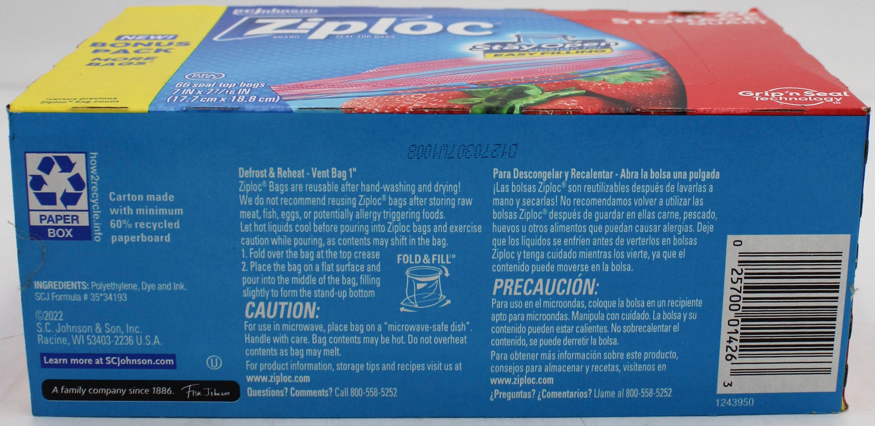 SP ZIPLOC STORAGE BAG 66CT QUART