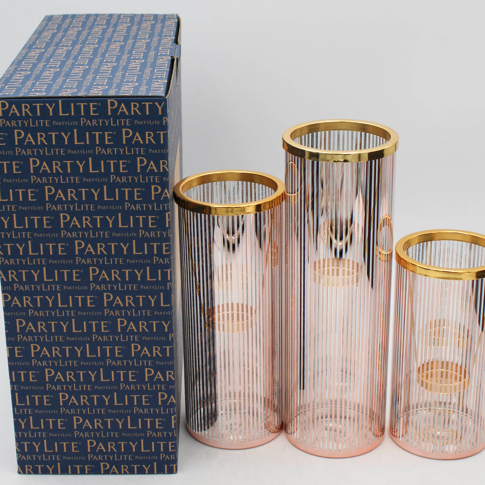 PARTYLITE PINSTRIPE GLAM TEALIGHT HOLDER LARGE TRIO 3ct