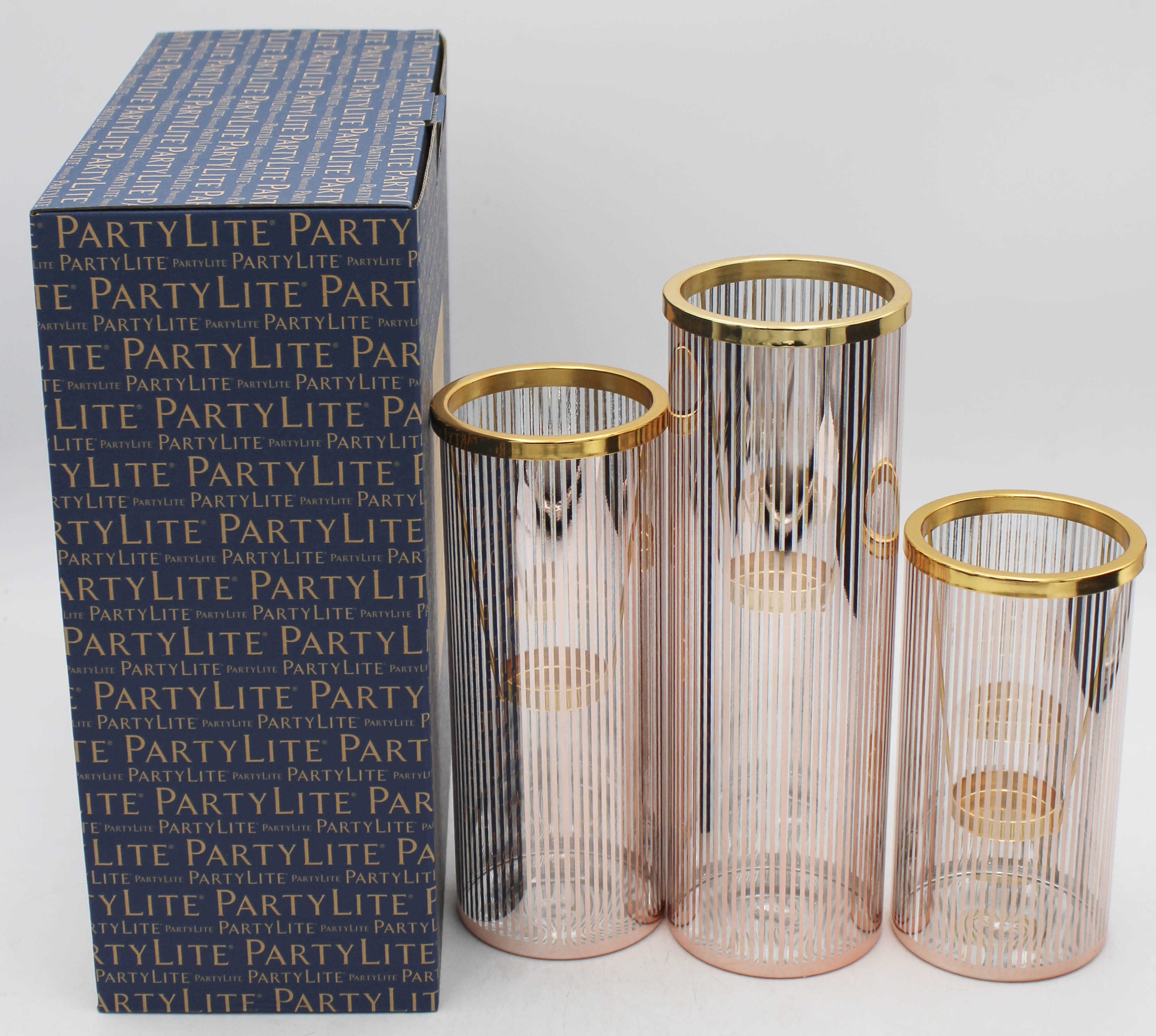 PARTYLITE PINSTRIPE GLAM TEALIGHT HOLDER LARGE TRIO 3ct