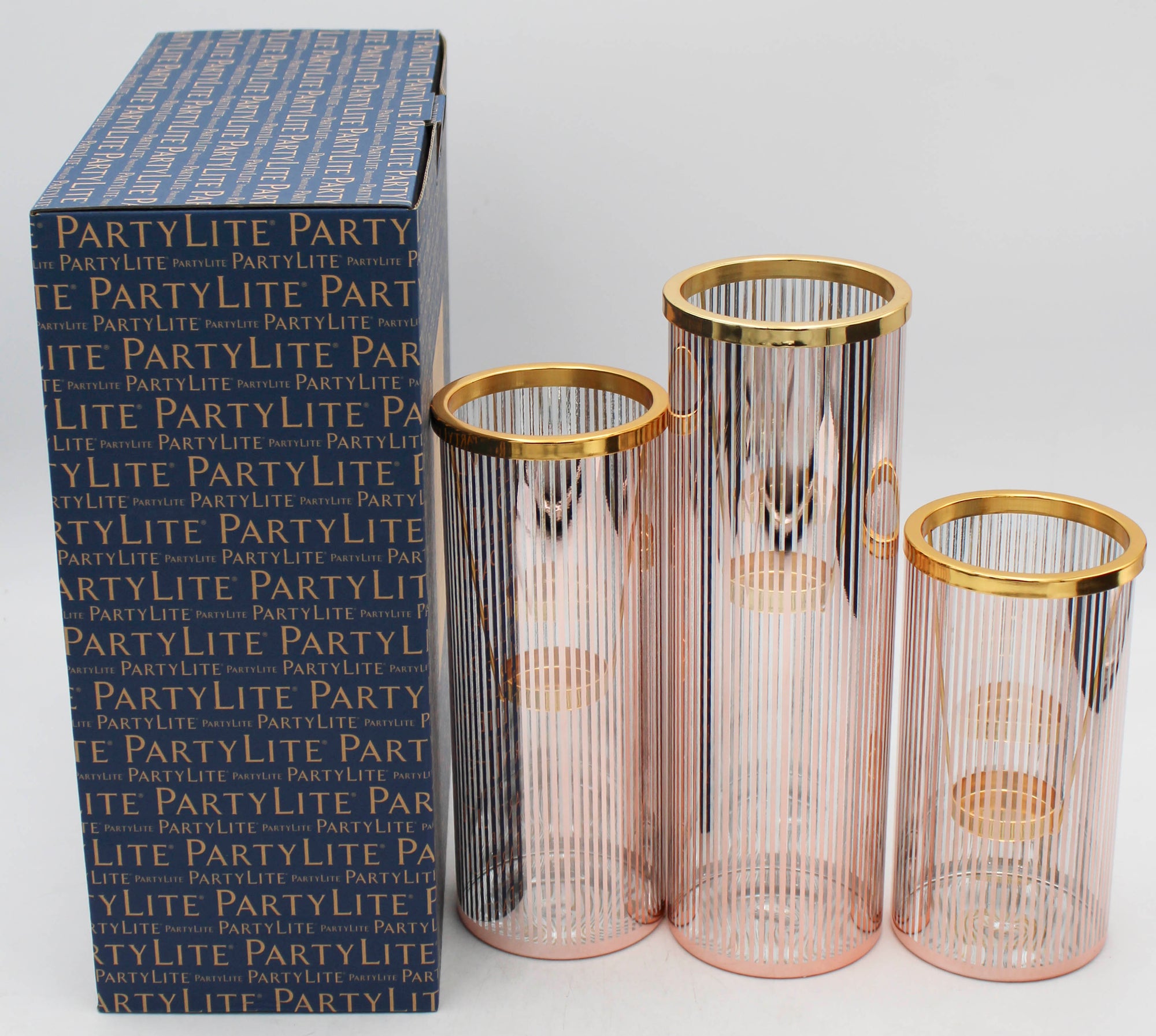 PARTYLITE PINSTRIPE GLAM TEALIGHT HOLDER LARGE TRIO 3ct