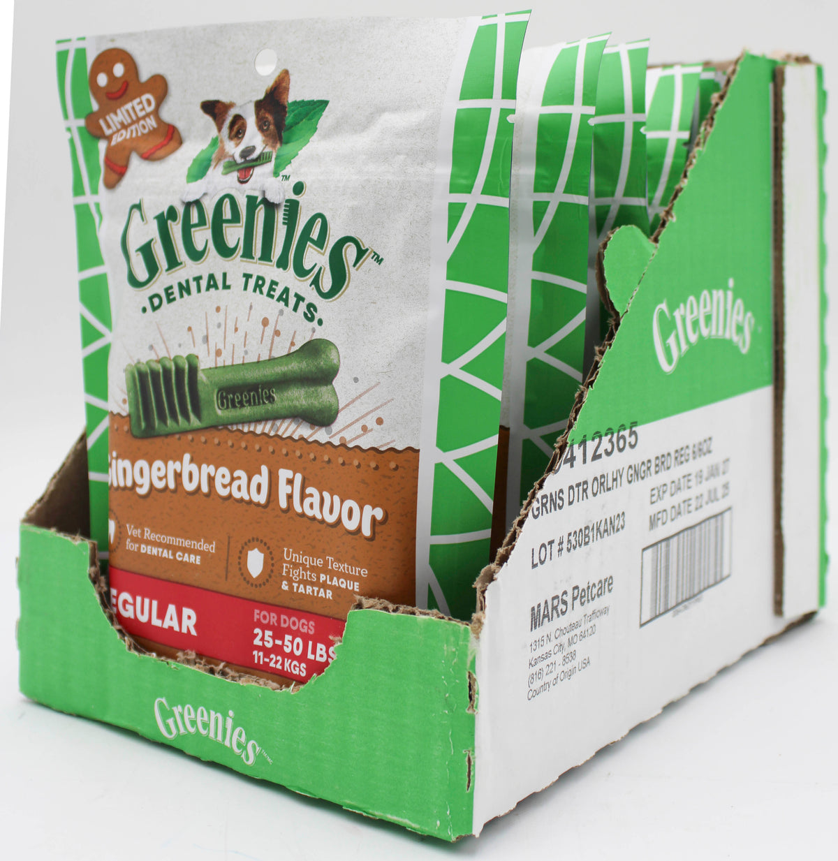 GREENIES GINGERBREAD FLAVOR REGULAR SIZE DENTAL CARE DOG TREAT CHEWS 6 OZ (6 PK) BB 1/19/2027