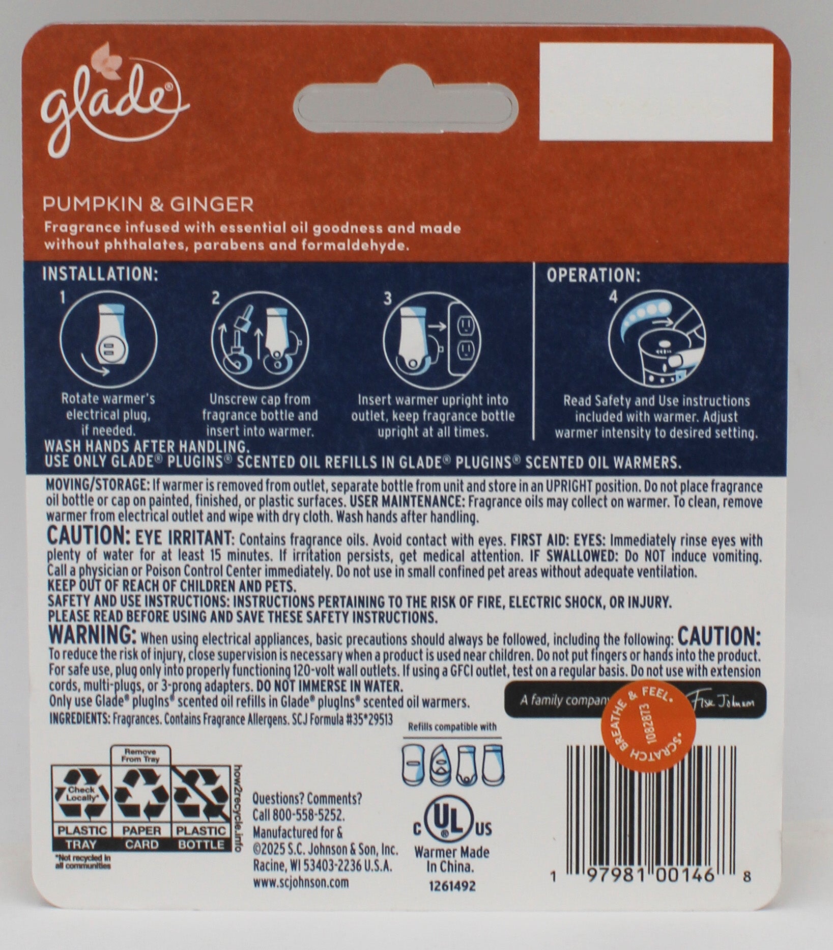 GLADE PLUGINS SCENTED OIL PUMPKIN & GINGER 2ct + WARMER 0.67floz US