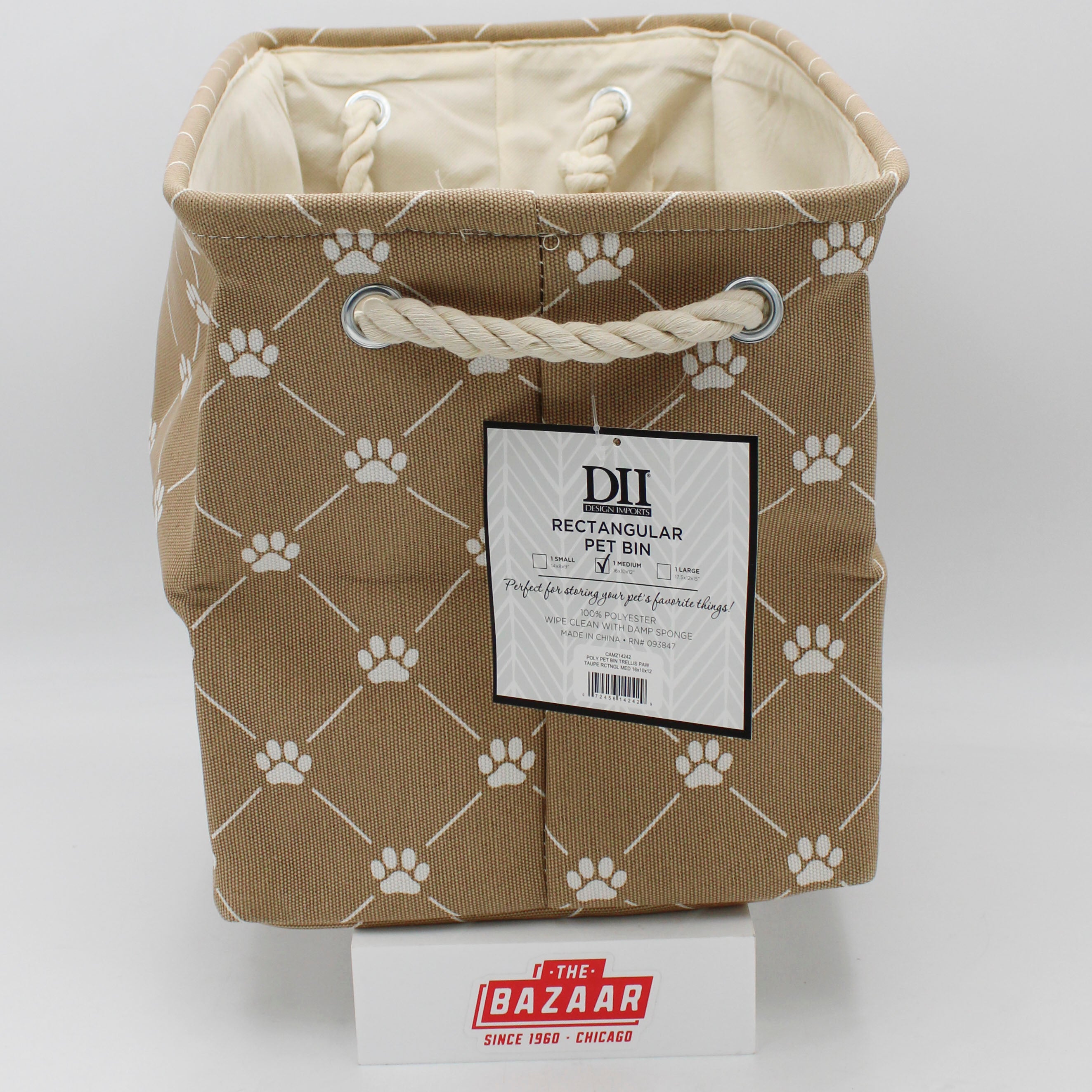 POLYESTER PET BIN TRELLIS PAW TAUPE RECTANGLE MEDIUM 16x10x12