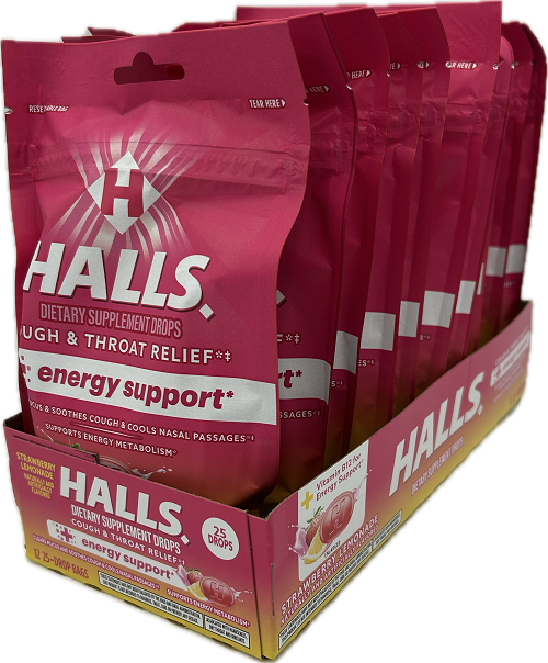 HALLS 25 PC  ENRGY STRWBRYLEM BG 4X12 BEST BY  11/12/2025