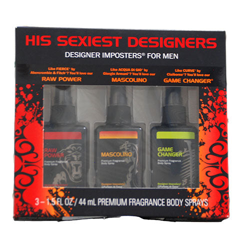 HIS SEXIEST DESIGNERS 3-1.5OZ BODY SPRAY FOR MEN (RAW POWER, MASCOLINO, GAME CHANGER)