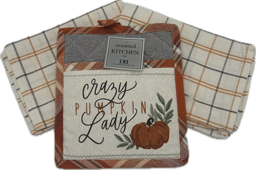 CRAZY PUMPKIN LADY POTHOLDER & DISHTOWEL SET OF 3