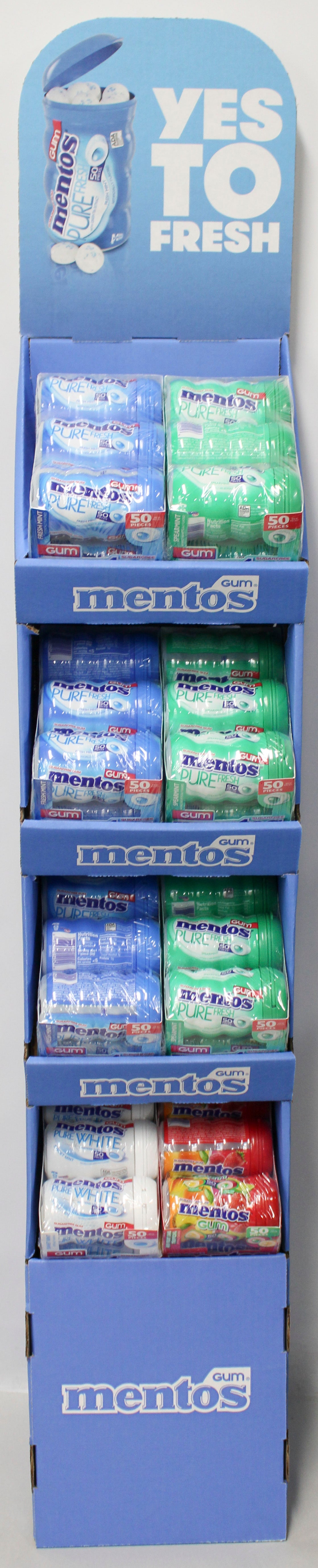 MENTOS GUM 4-FLAVOR CURVY BOTTLE, 48-UNIT FLOOR DISPLAY BB 2/1/27 NI
