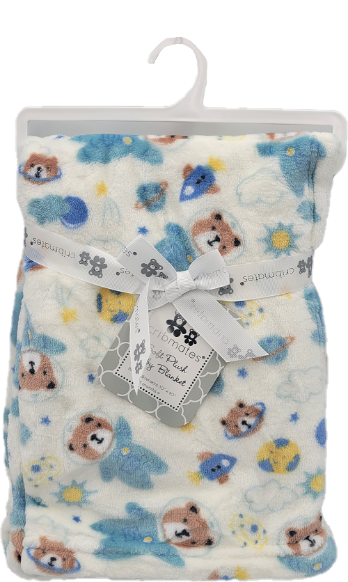 PETITE LAMOUR 30x40 SOFT PLUSH BABY BLANKET - WHITE W/ BLUE BEARS