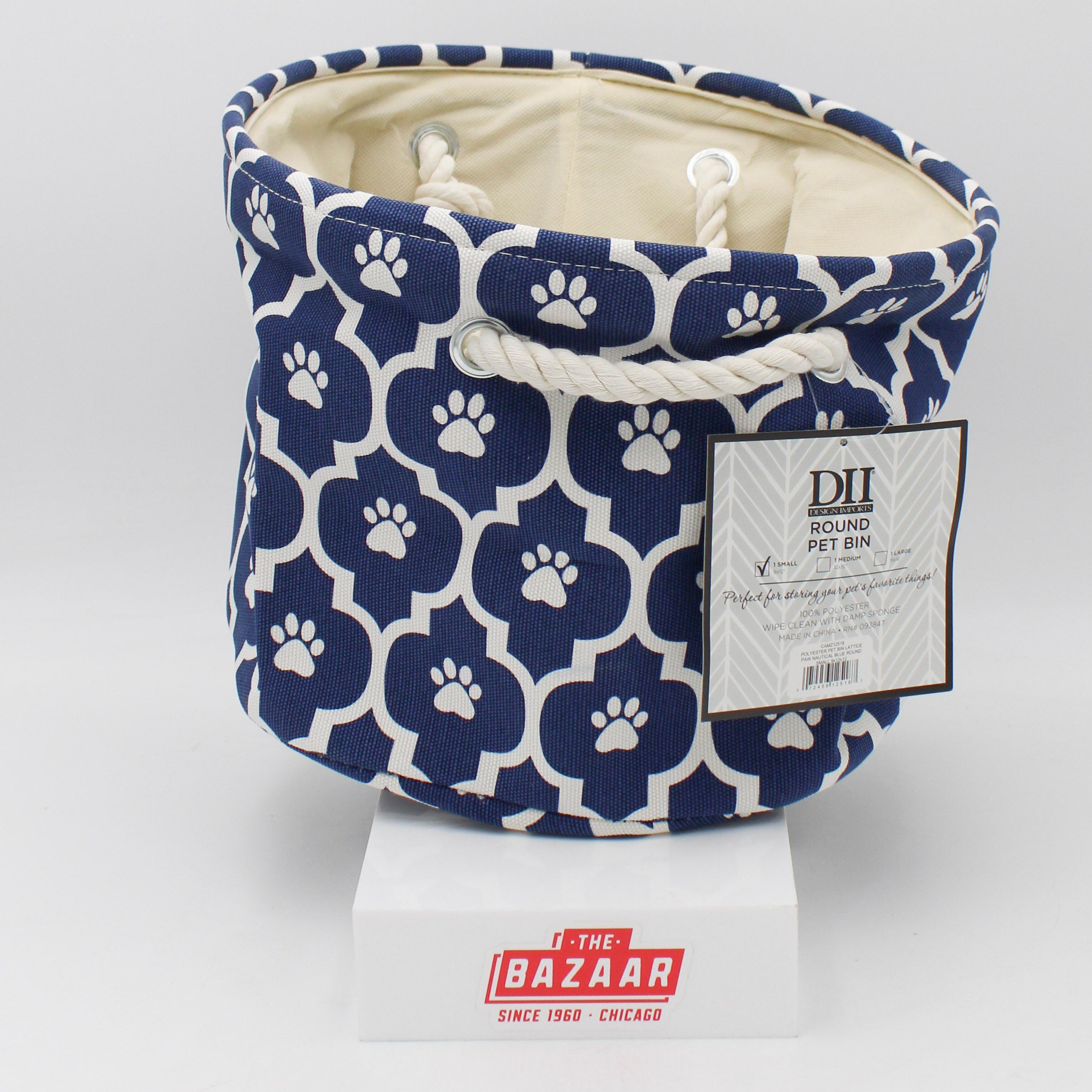 POLYESTER PET BIN LATTICE PAW NAUTICAL BLUE ROUND SMALL 9x12x12