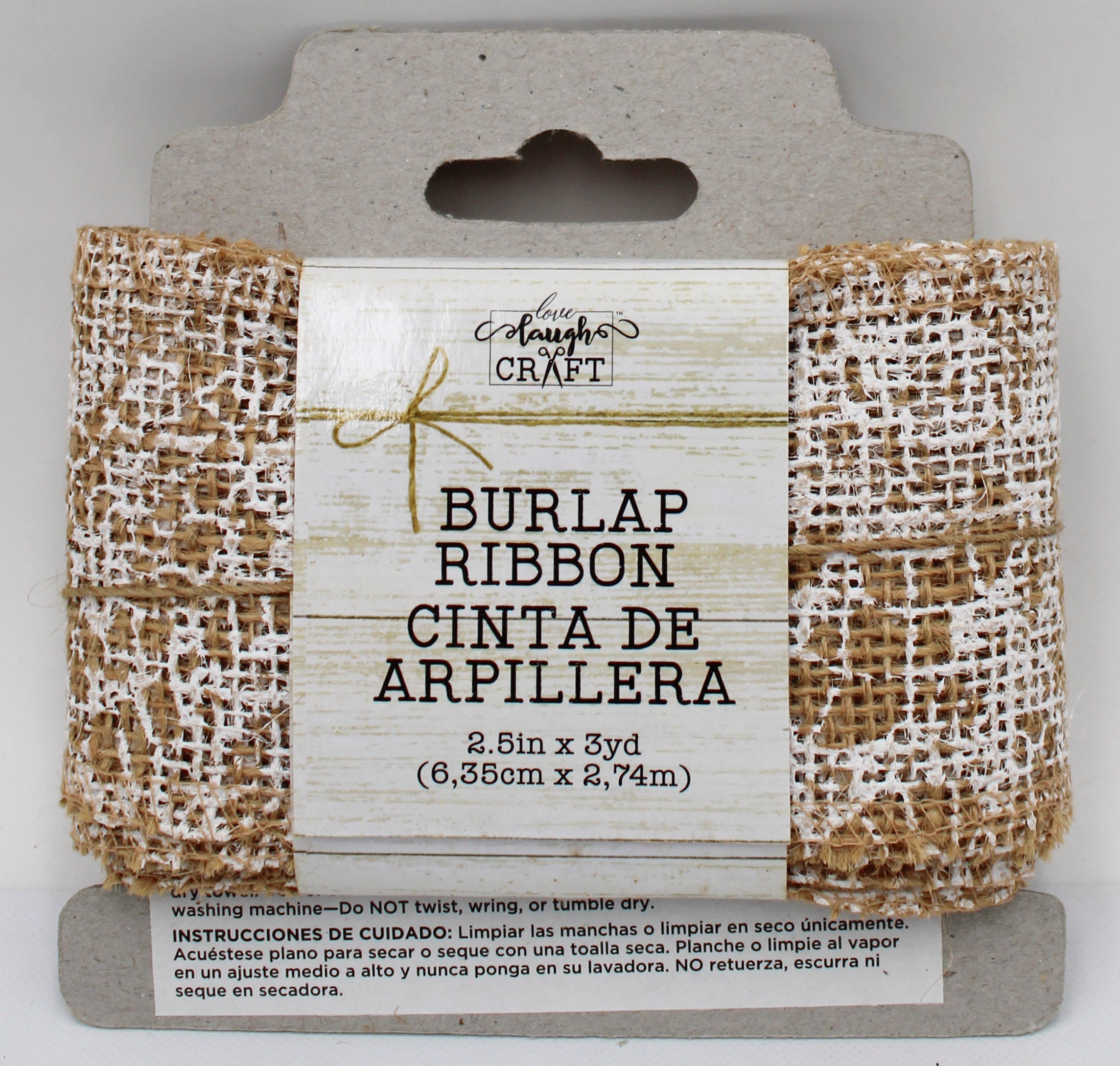 2.5 IN   X 3 YD   NATURAL BURLAP RIBBON - FINISHED EDGES - WHITE SCREENPRINT LACE