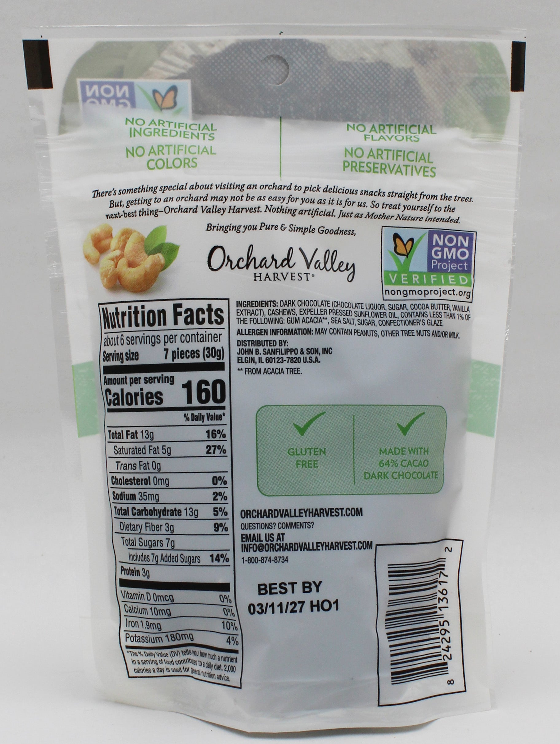 DARK CHOCOLATE CASHEWS ORCHARD VALLEY HARVEST 6 Oz 3/11/2027