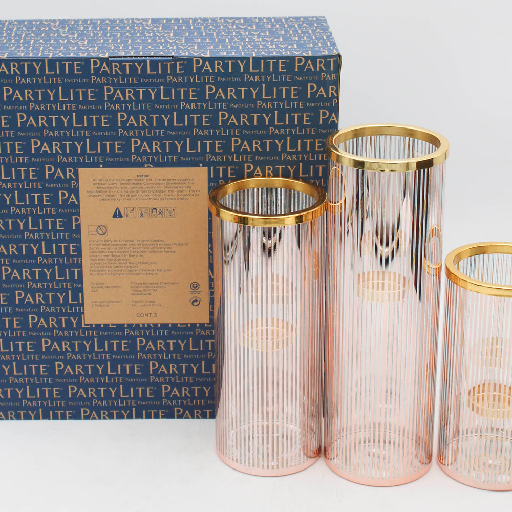 PARTYLITE PINSTRIPE GLAM TEALIGHT HOLDER LARGE TRIO 3ct