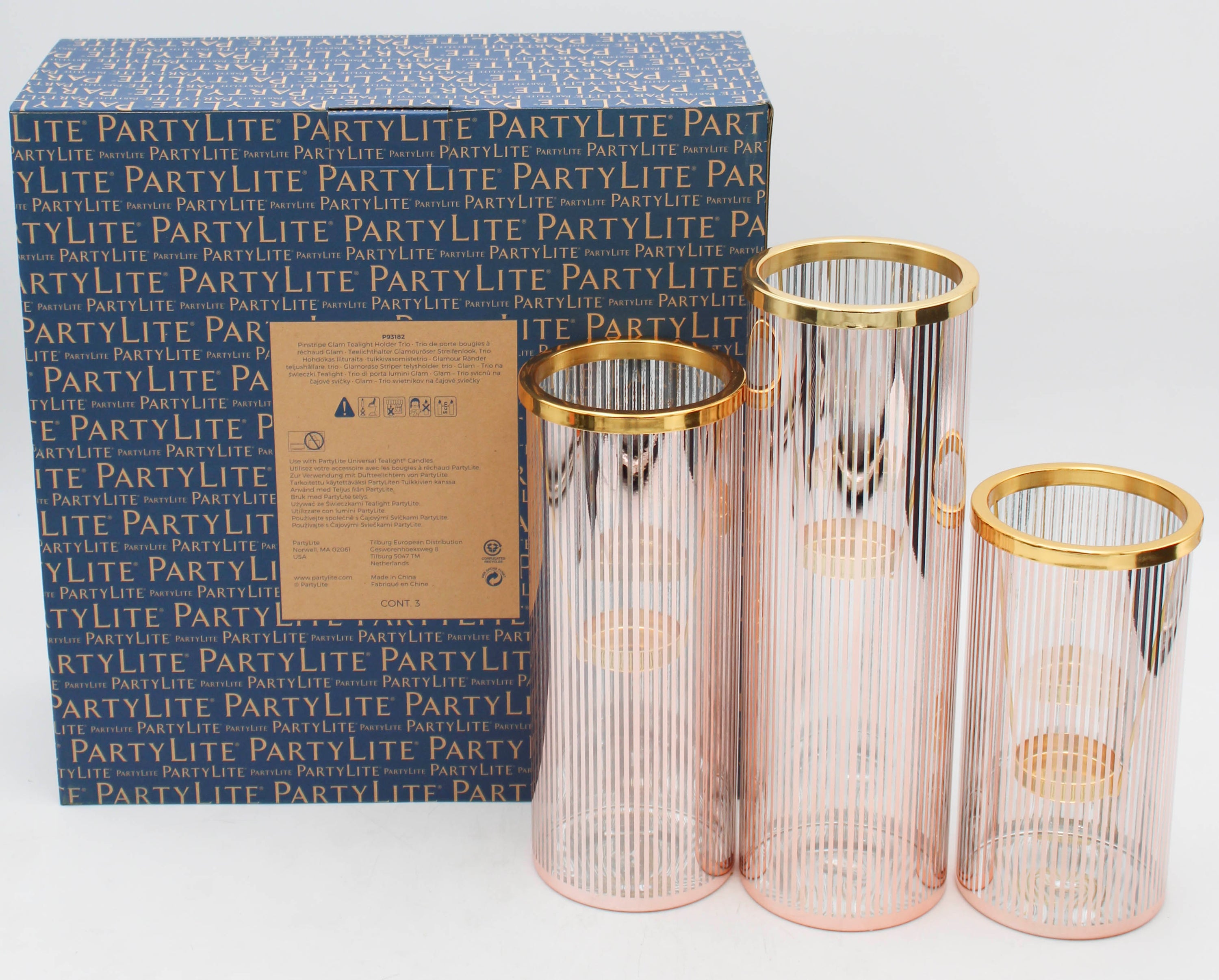 PARTYLITE PINSTRIPE GLAM TEALIGHT HOLDER LARGE TRIO 3ct