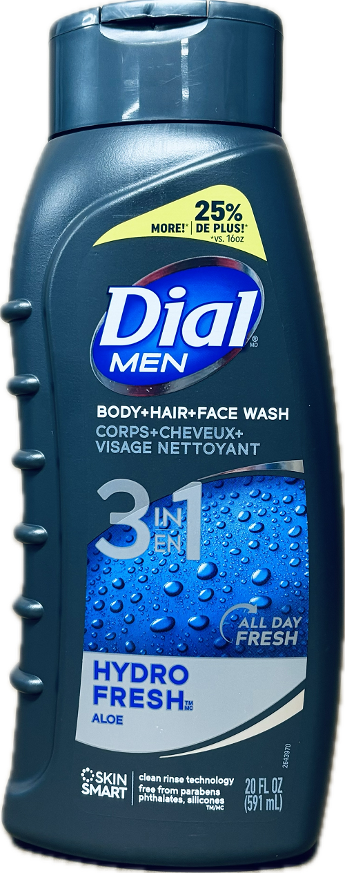 DIAL MEN 3in1 BODY+HAIR+FACE WASH 20oz HYDRO FRESH ALOE