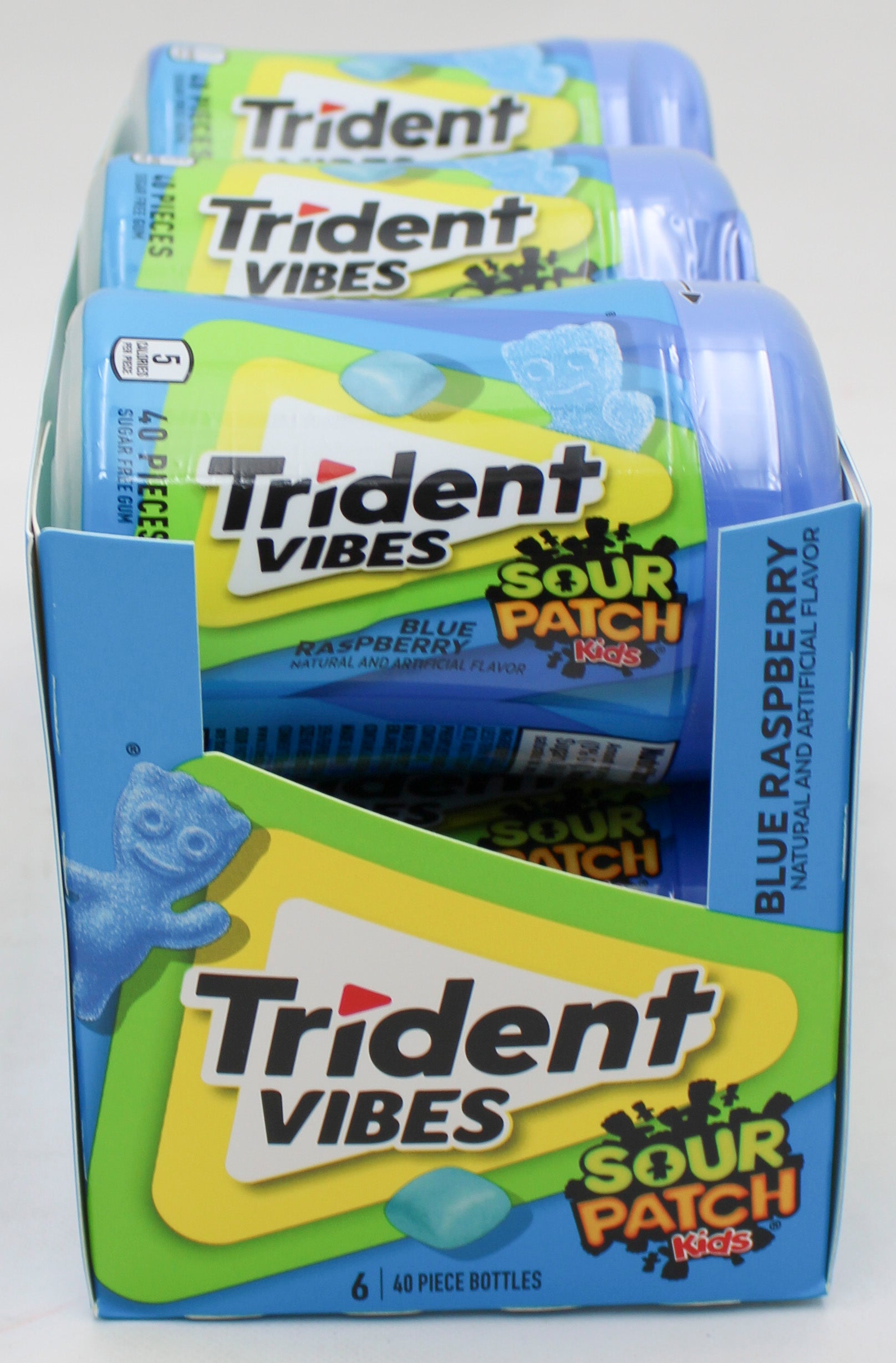 TRIDENT VIBES SOUR PATCH KIDS SUGAR-FREE CHEWING GUM, BLUE RASPBERRY, 40-PIECE BOTTLE BB 2/22/27 NI