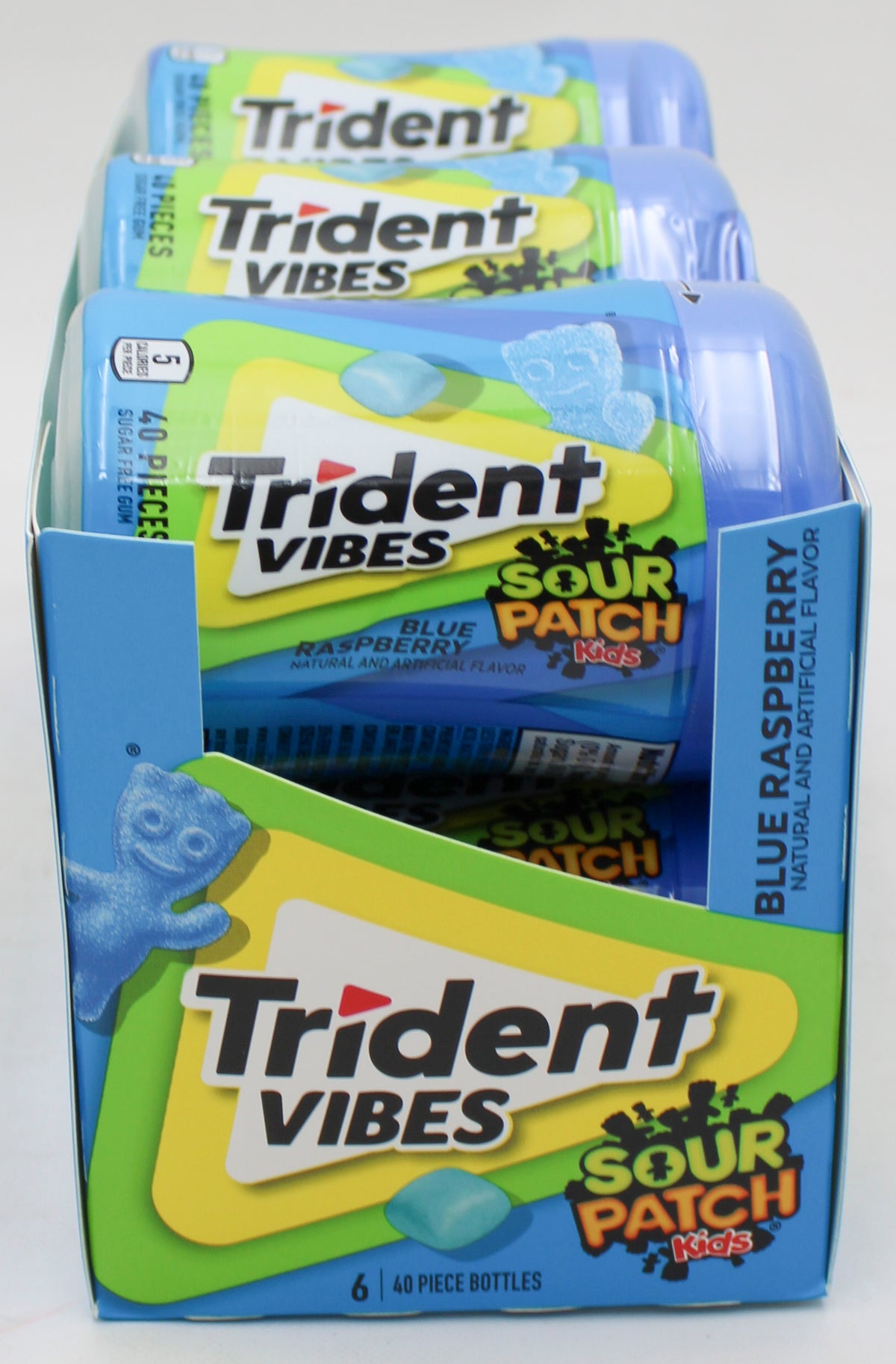 TRIDENT VIBES SOUR PATCH KIDS SUGAR-FREE CHEWING GUM, BLUE RASPBERRY, 40-PIECE BOTTLE BB 2/22/27 NI