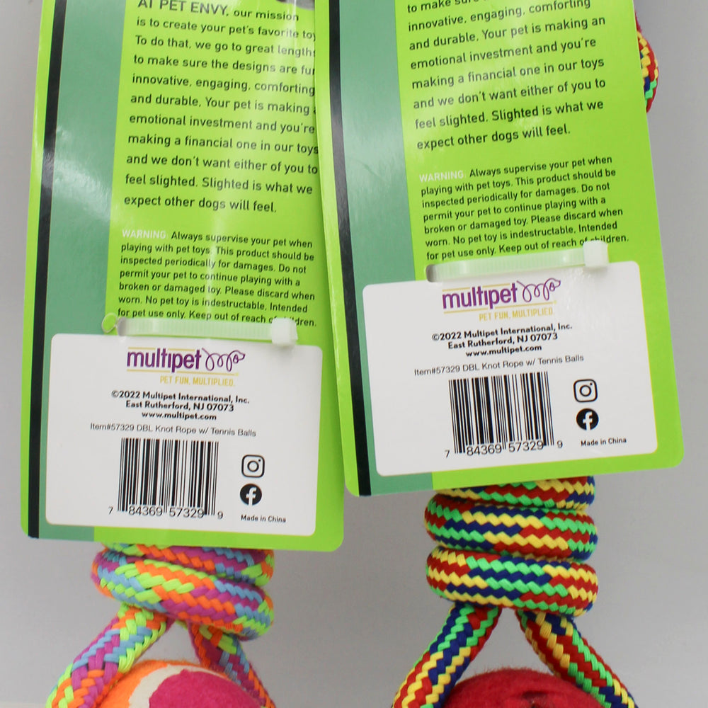 MULTIPET PET ENVY TWO KNOT ROPE W/TENNIS BALL 10"