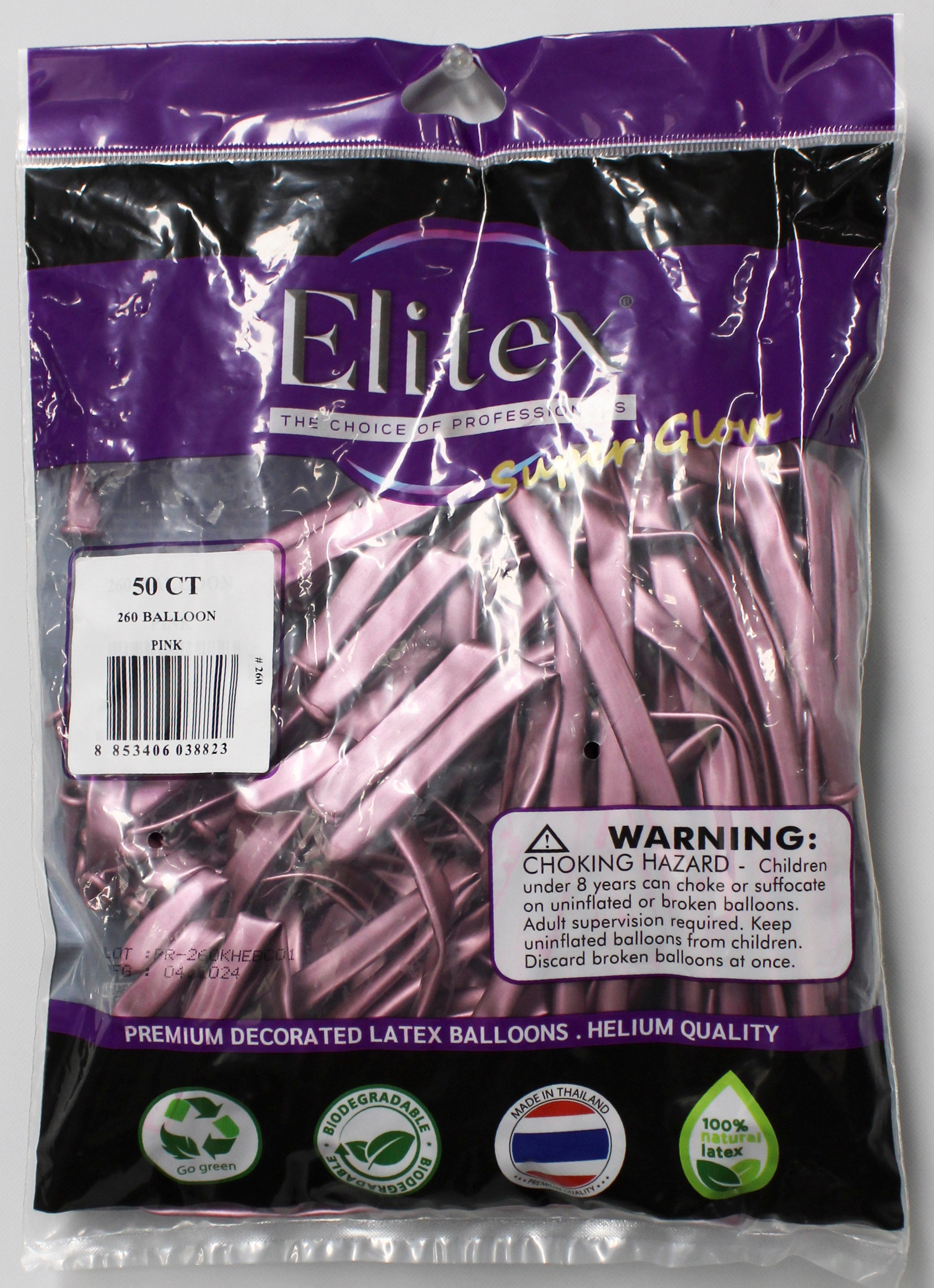 ELITEX 260" SUPERGLOW PINK MODELLING BALLOON, 50 PACK