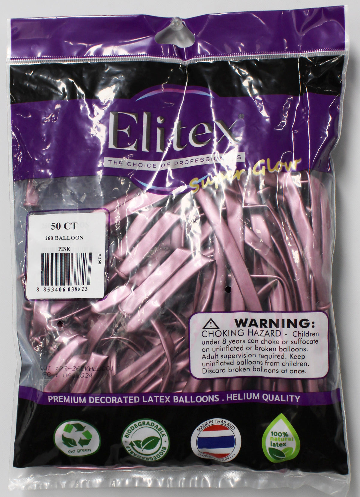 ELITEX 260" SUPERGLOW PINK MODELLING BALLOON, 50 PACK