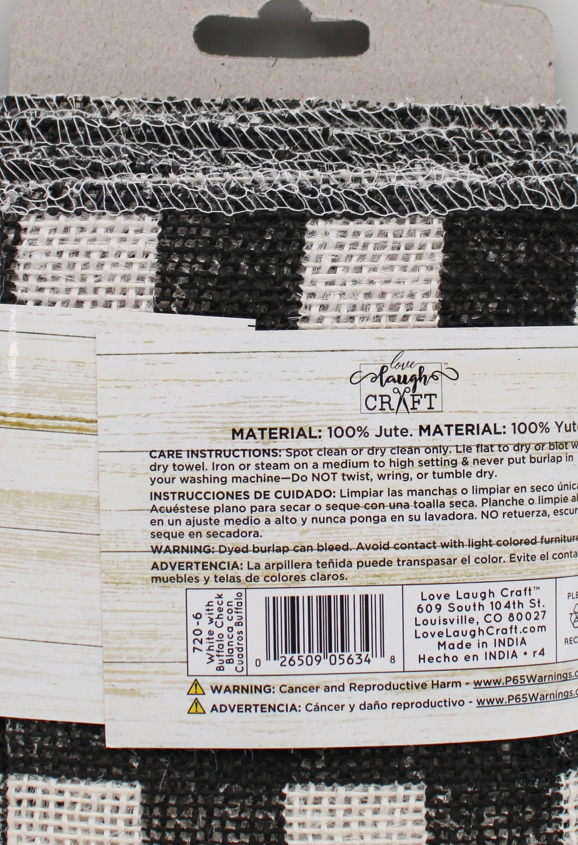 5 IN   X 3 YD   WHITE BURLAP RIBBON - FRAYED EDGES - BLACK SCREENPRINT BUFFALO CHECK