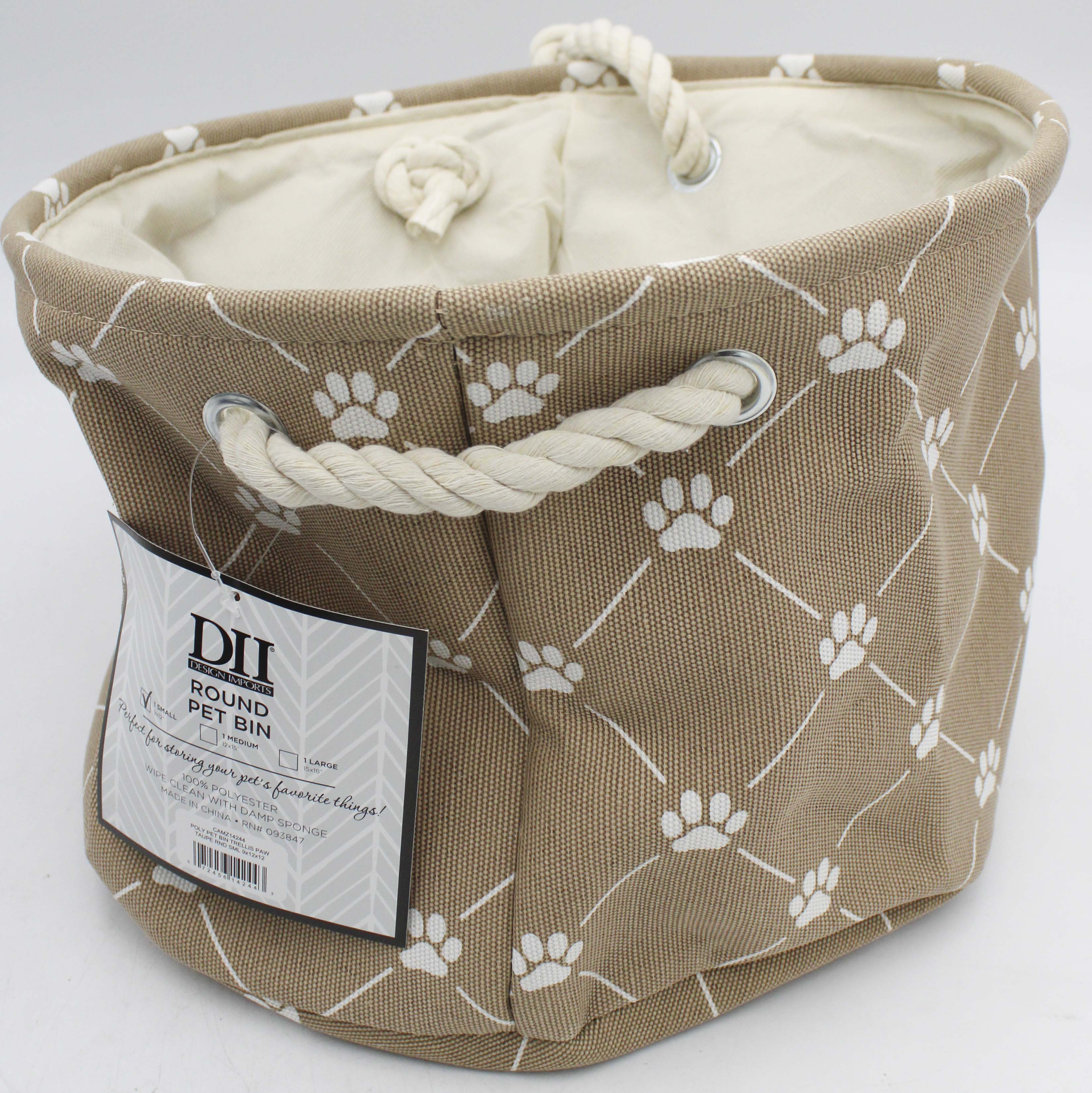 POLYESTER PET BIN TRELLIS PAW TAUPE ROUND SMALL 9x12x12"