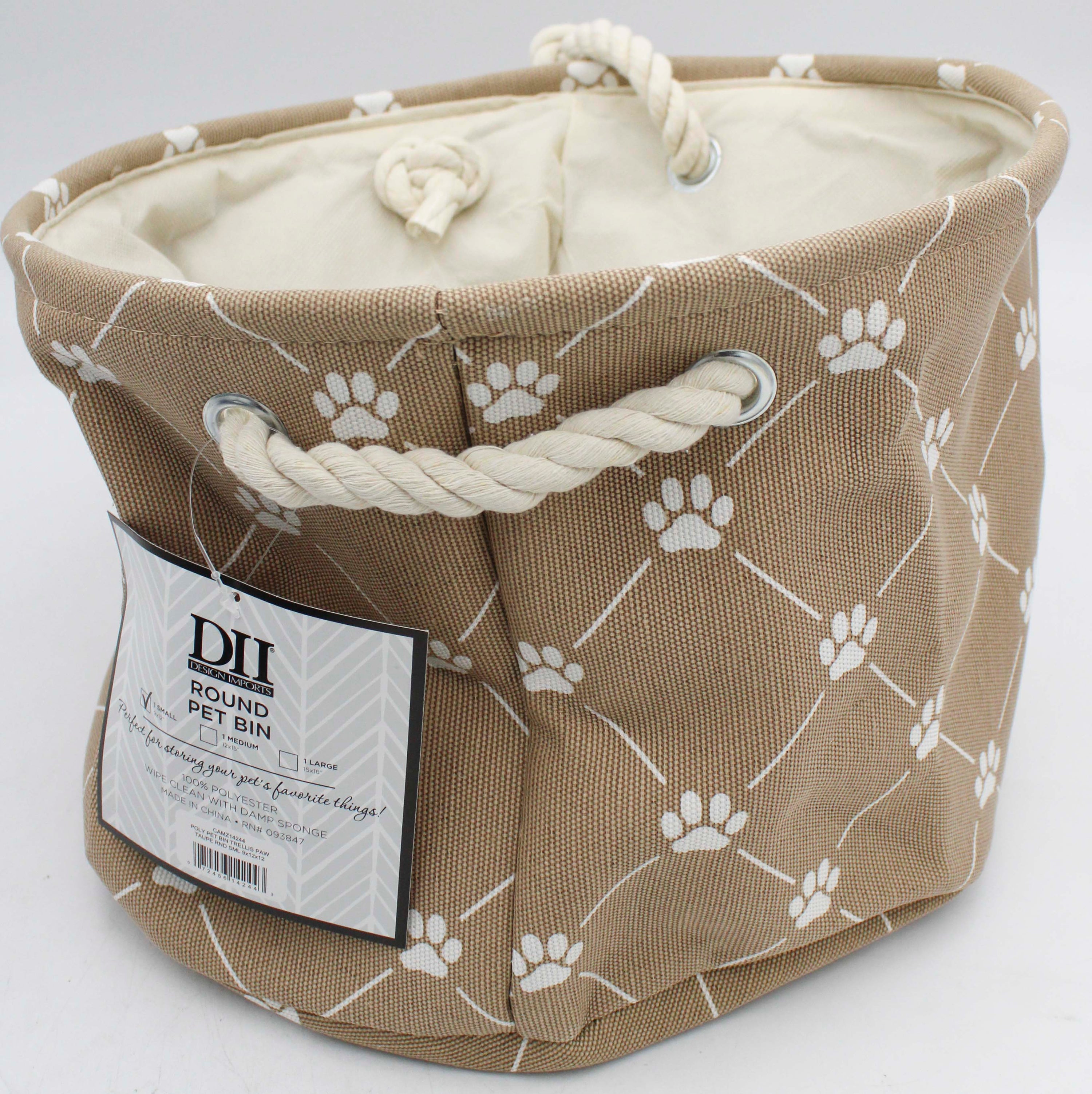POLYESTER PET BIN TRELLIS PAW TAUPE ROUND SMALL 9x12x12"