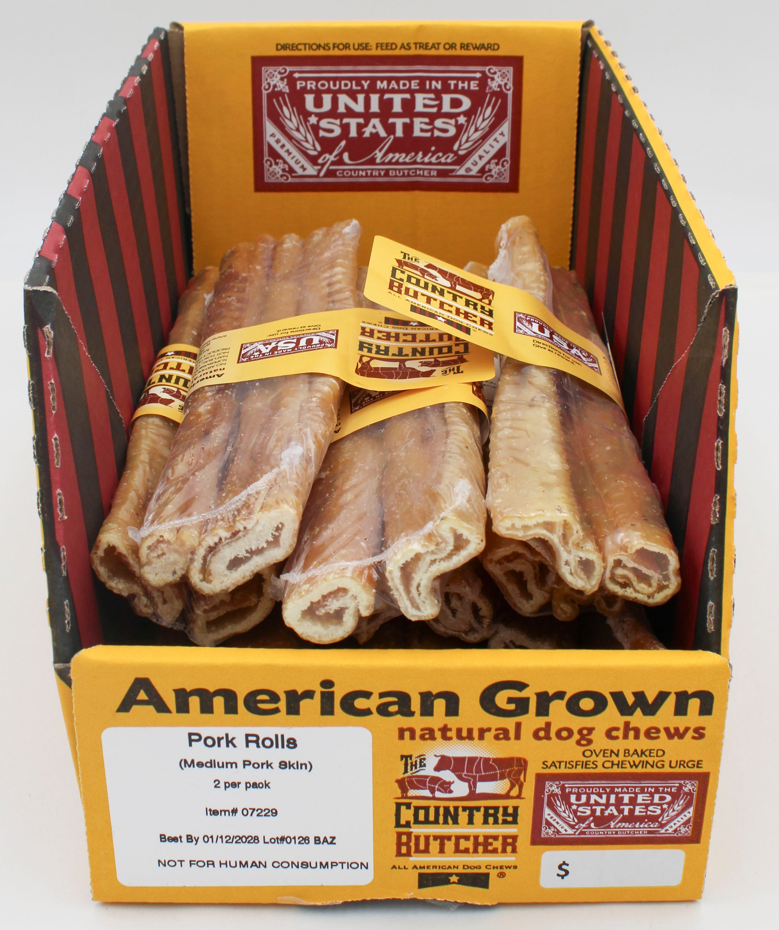 THE COUNTRY BUTCHER NATURAL DOG CHEWS PORK ROLLS 2CT MEDIUM 2.2oz BB 1/12/2028