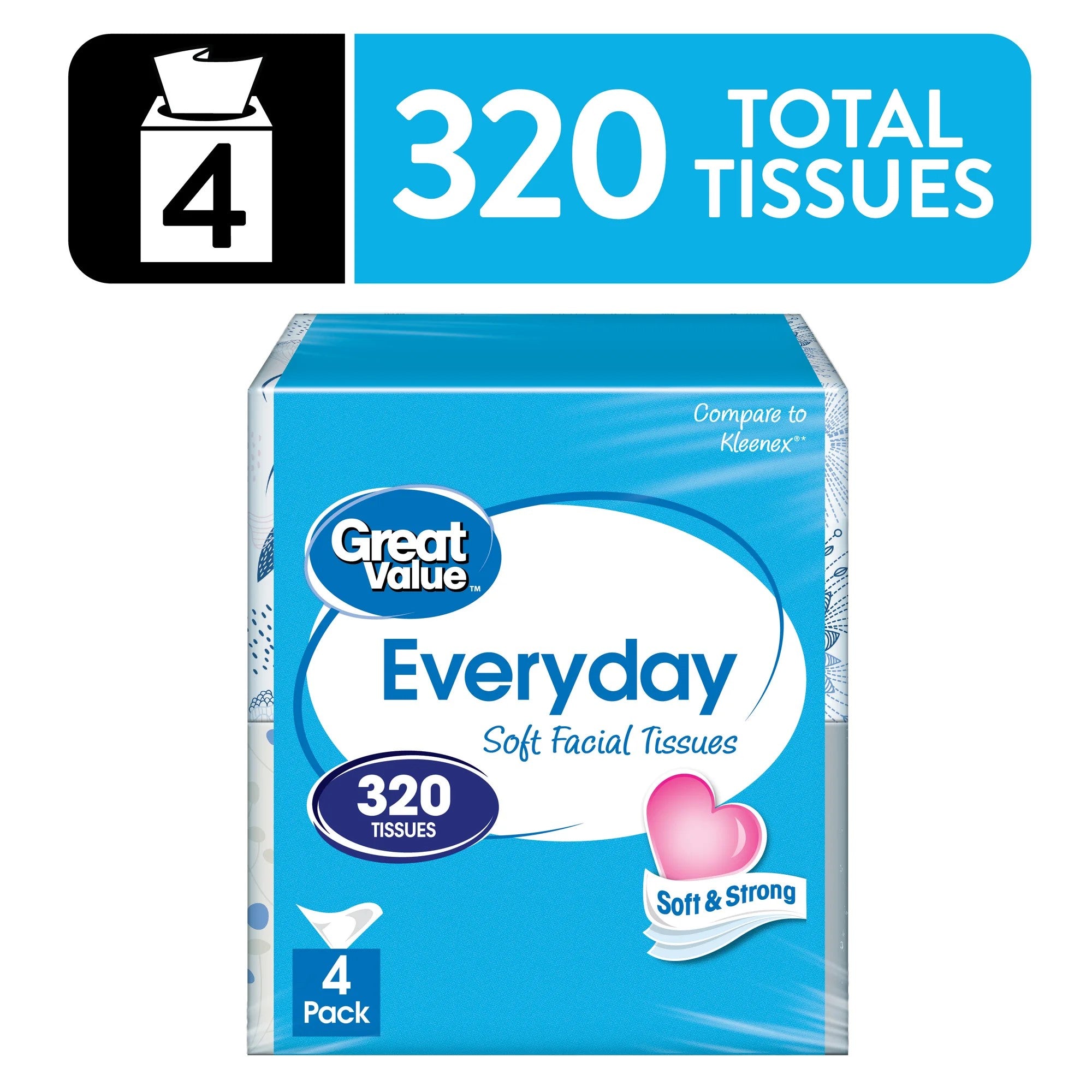 4PK GREAT VALUE 2-PLY EVERYDAY SOFT FACIAL TISSUES 320CT