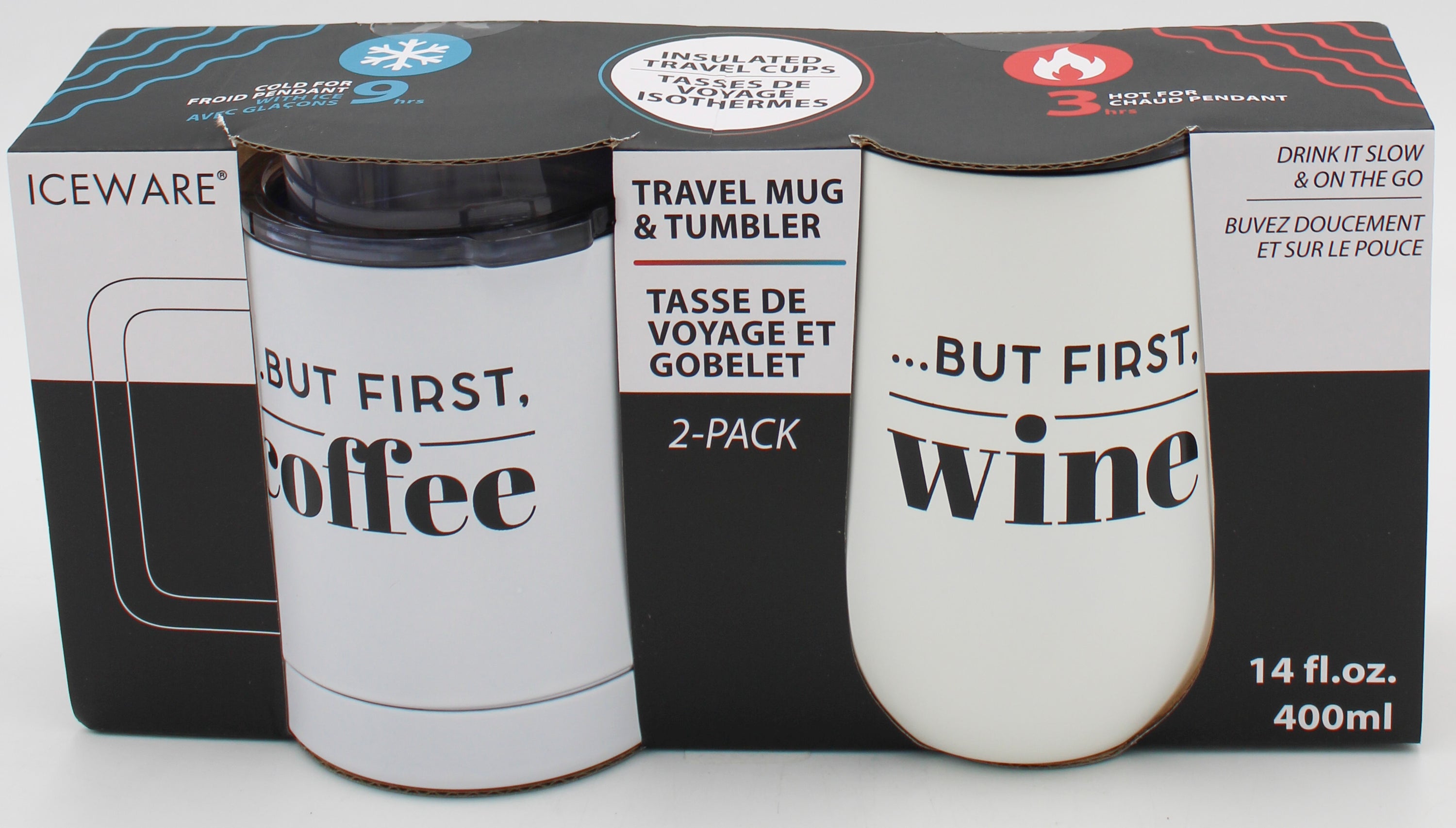 14oz 2pc DOUBLE WALL STEMLESS MUG & STEMLESS WINE - BUT FIRST, COFFEE/WINE