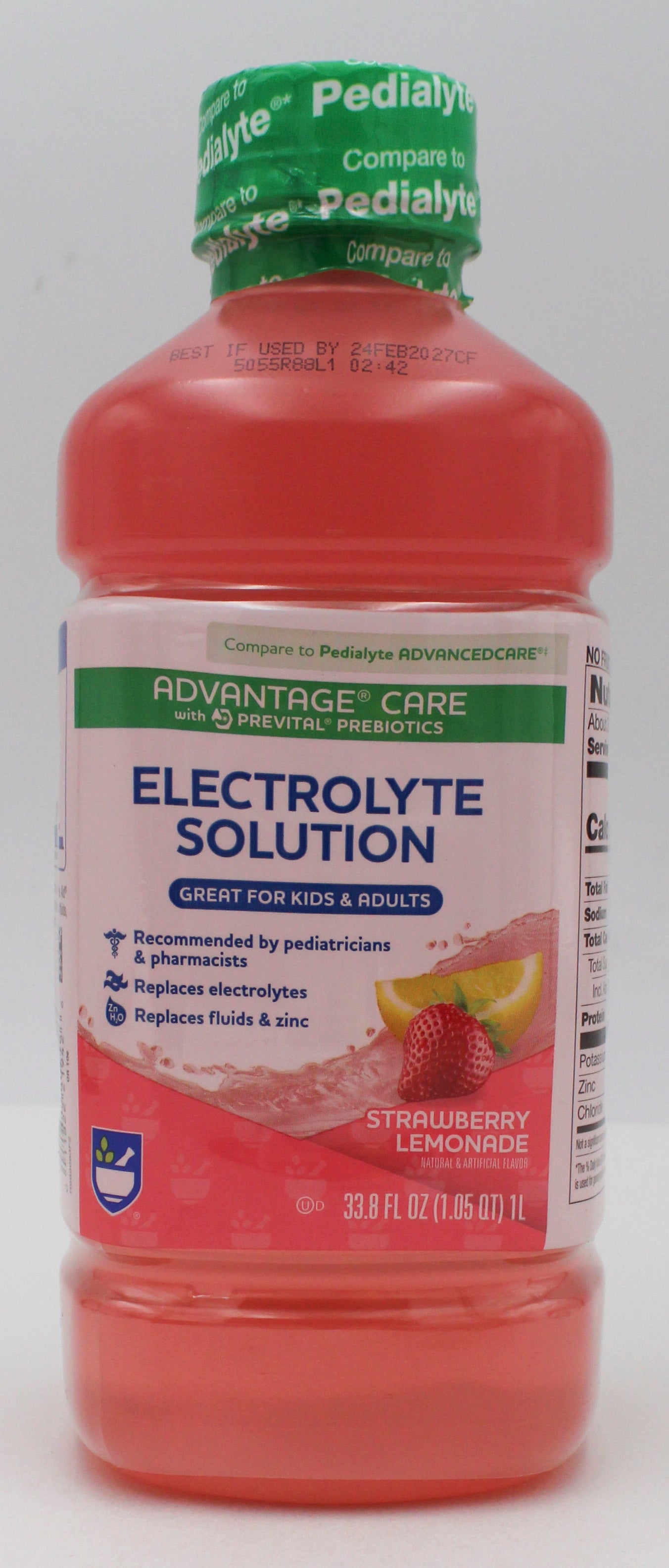 RITE AID PREBIOTIC ELECTROLYTE SOLUTION STRAWBERRY LEMONADE 33.8floz EXP 2/24/2027 COMPARES TO Pediatlye
