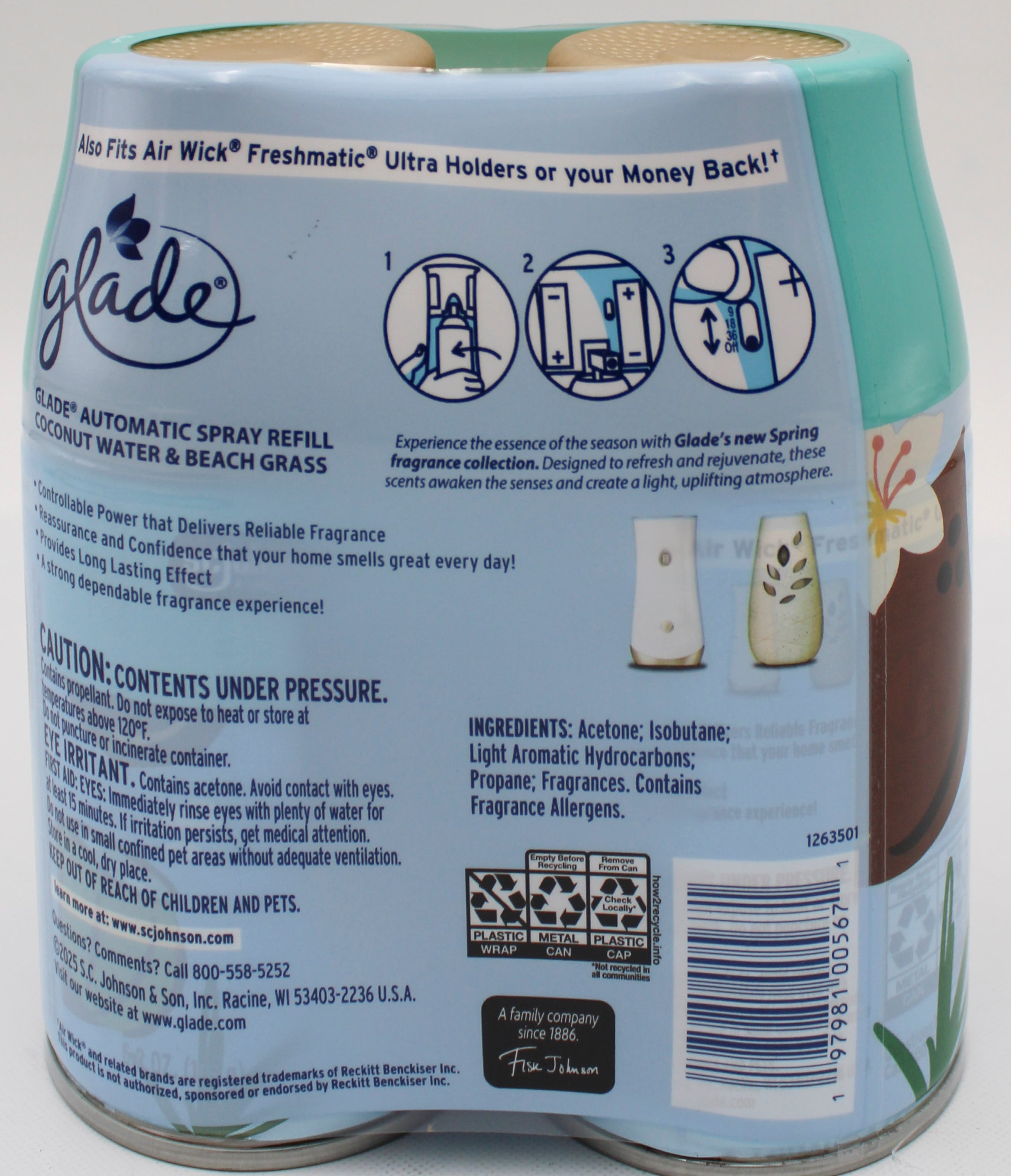 SP GLADE AUTOMATIC SPRAY COCONUT WATER & BEACH GRASS 2 REFILLS 6.2oz US