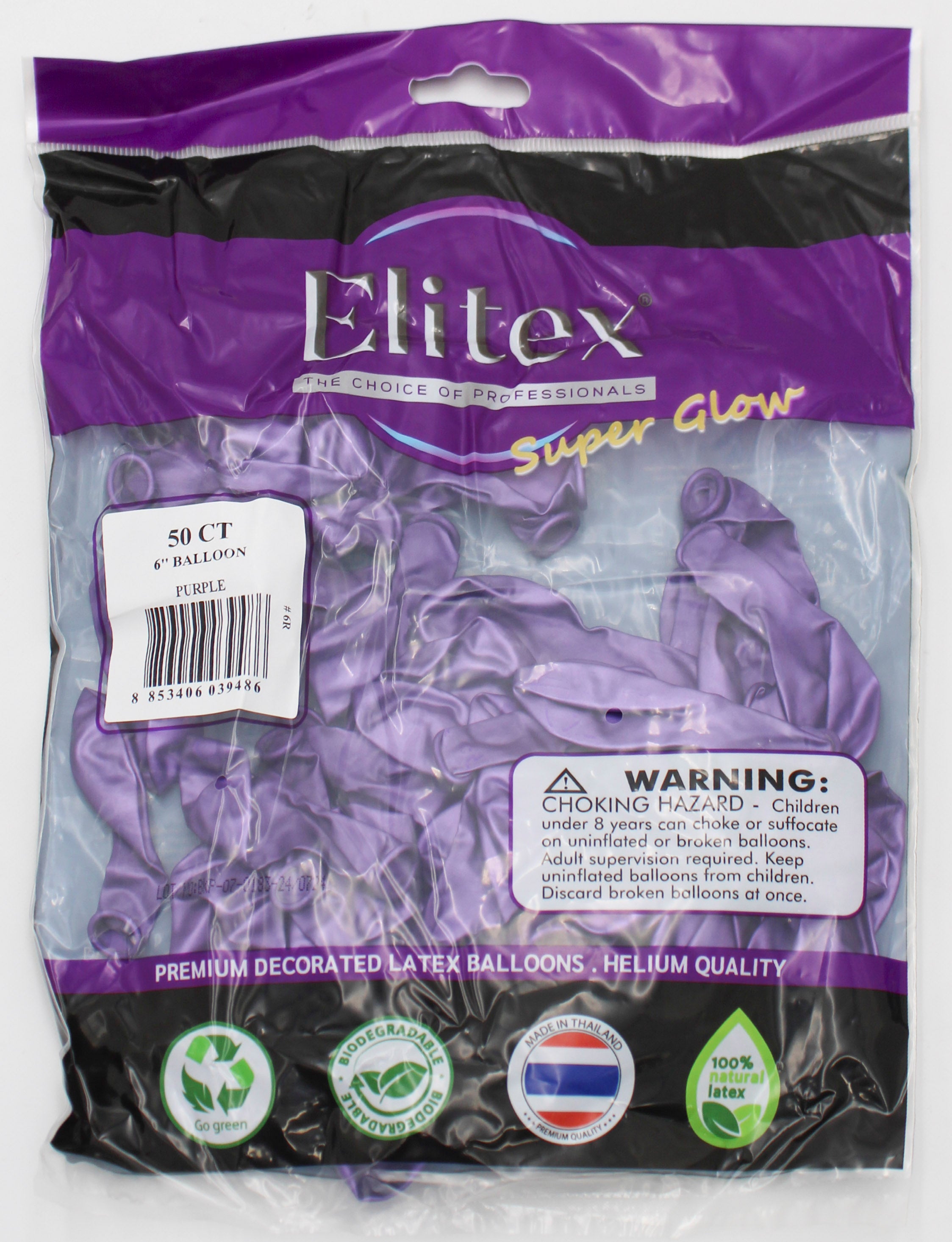 ELITEX 6" SUPERGLOW PURPLE ROUND BALLOON, 50 PACK