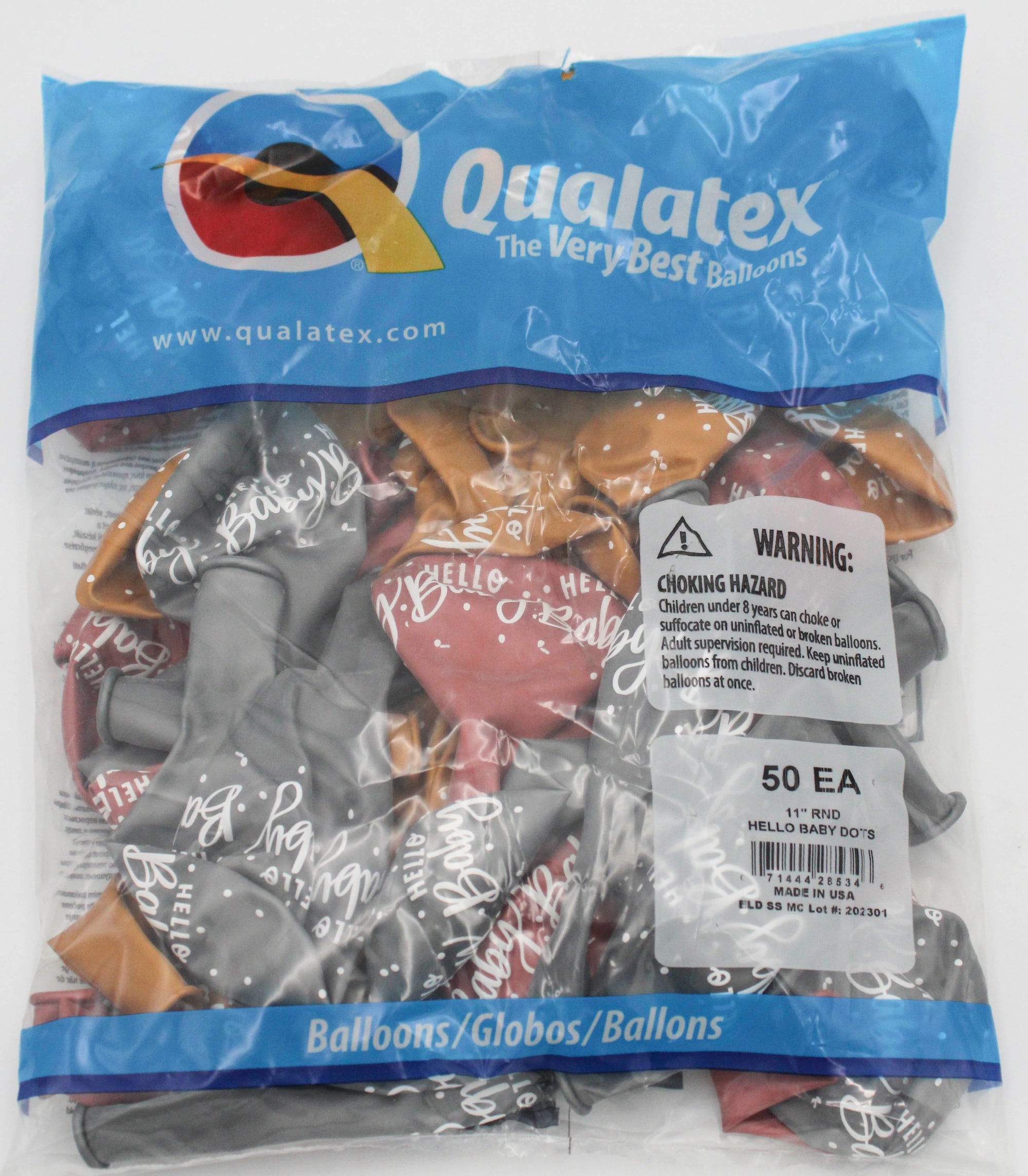 11" ROUND QX LATEX BALLOON AST 50CT HELLO BABY DOTS
