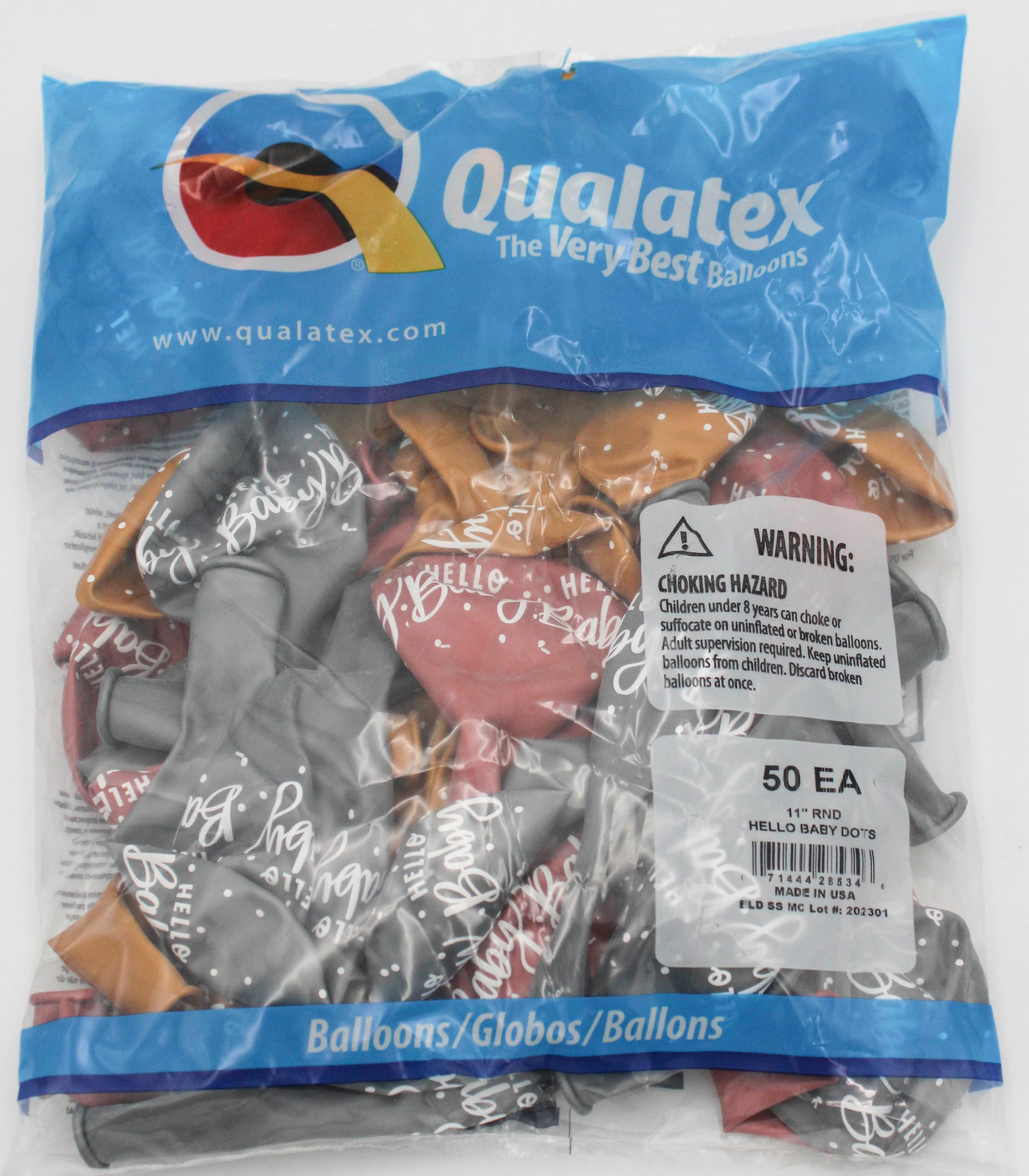 11" ROUND QX LATEX BALLOON AST 50CT HELLO BABY DOTS