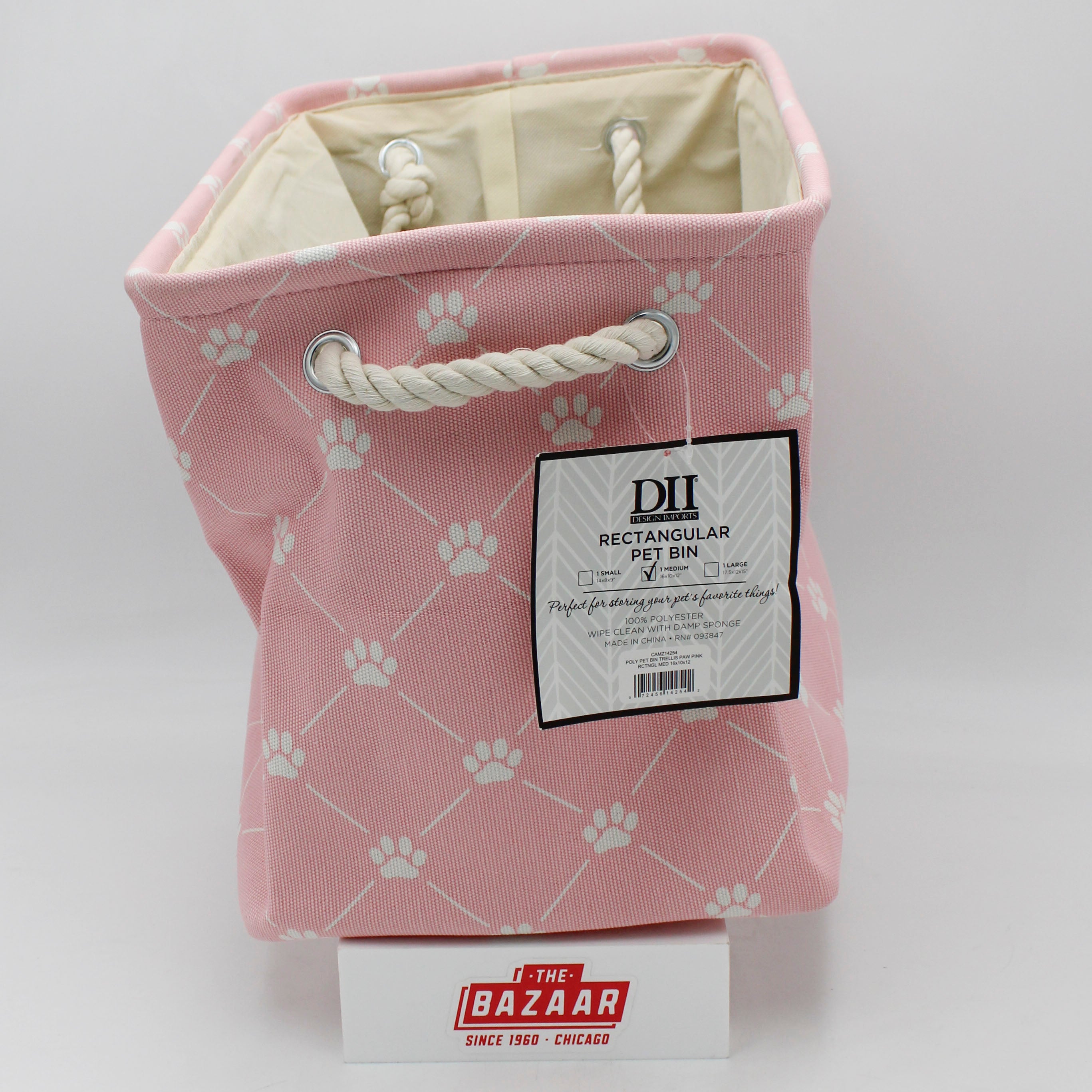 POLYESTER PET BIN TRELLIS PAW PINK RECTANGLE MEDIUM 16x10x12