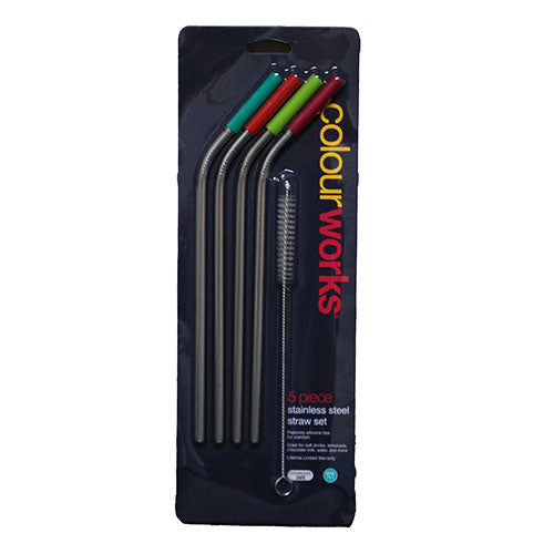 COLOURWORKS 5PC STAINLESS STEEL STRAWS/CLEANER