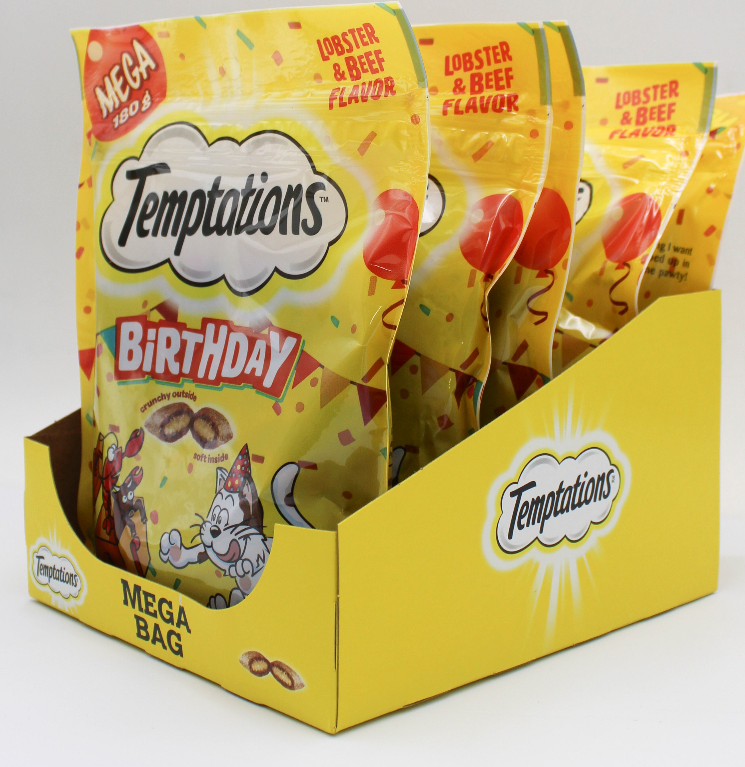 TEMPTATIONS BIRTHDAY LOBSTER & BEEF FLAVOR CRUNCHY & SOFT CAT TREATS 6.3 OZ BB 05/2027