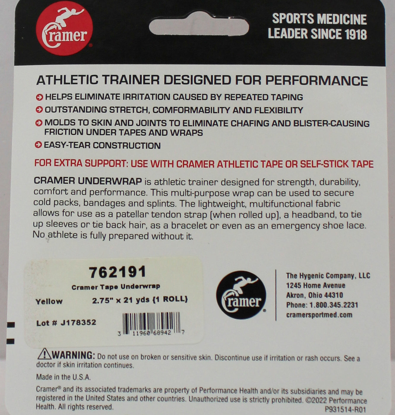 CRAMER ATHLETIC TAPE UNDERWRAP  2 3/4 " X  21YD, YELLOW