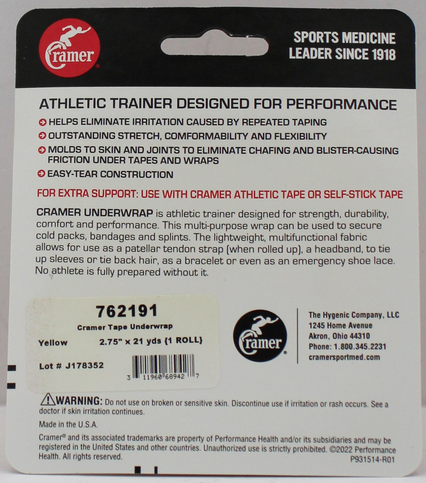 CRAMER ATHLETIC TAPE UNDERWRAP  2 3/4 " X  21YD, YELLOW