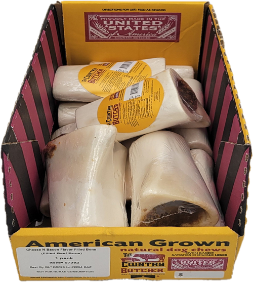 THE COUNTRY BUTCHER NATURAL DOG CHEWS CHEESE N BACON 1CT FILLED BONE 6.4oz BB 12/2/26